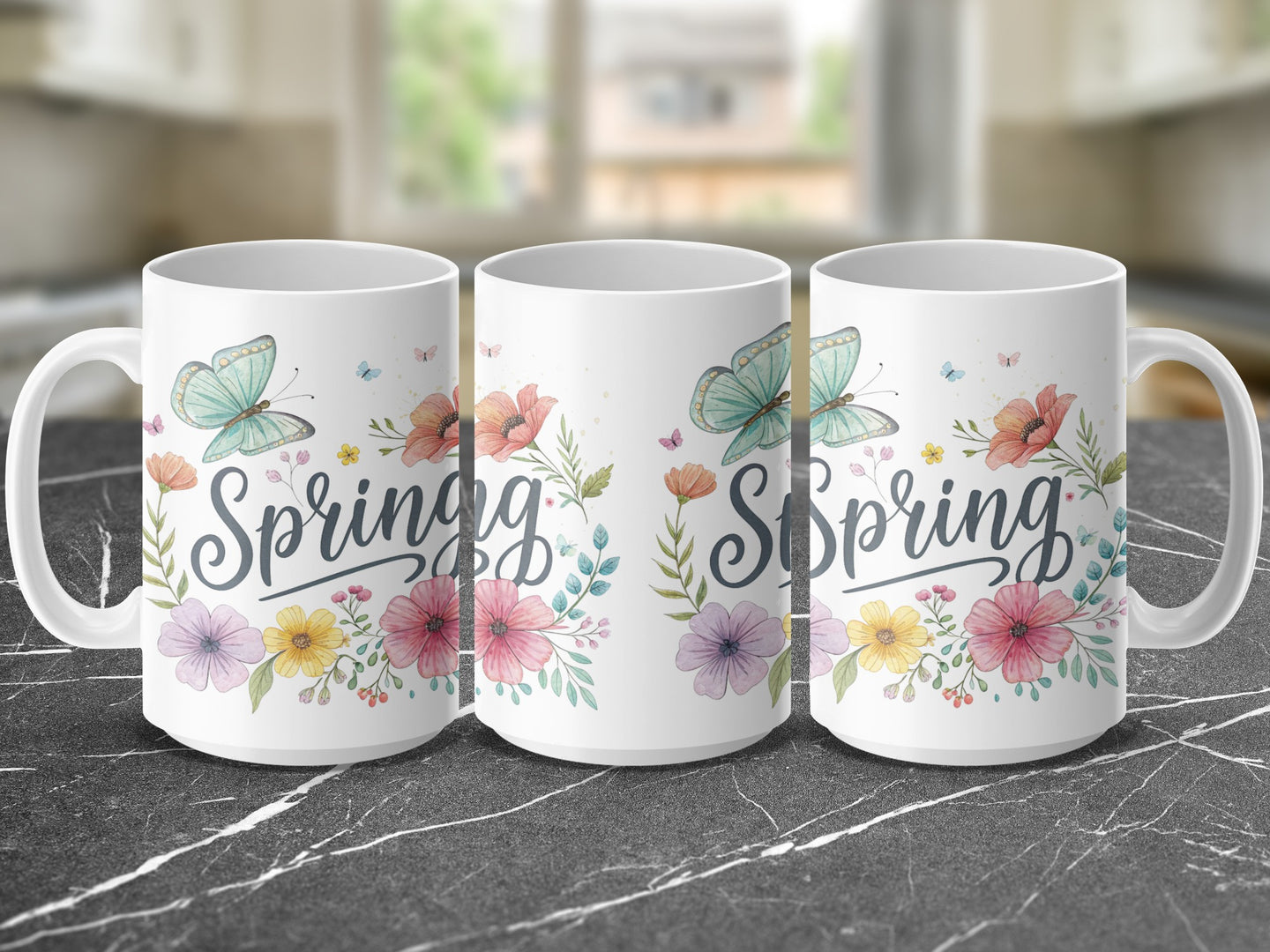 Three white ceramic mugs with "Spring" and floral designs.