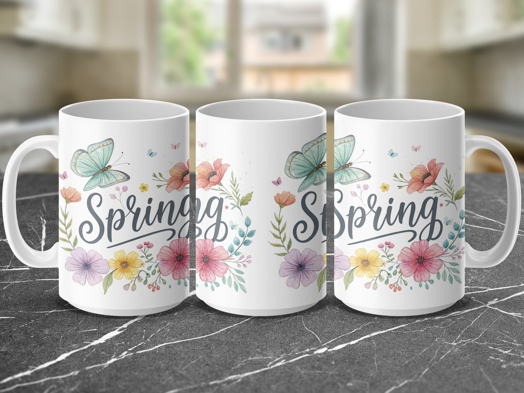 Three white ceramic mugs with "Spring" and floral designs.