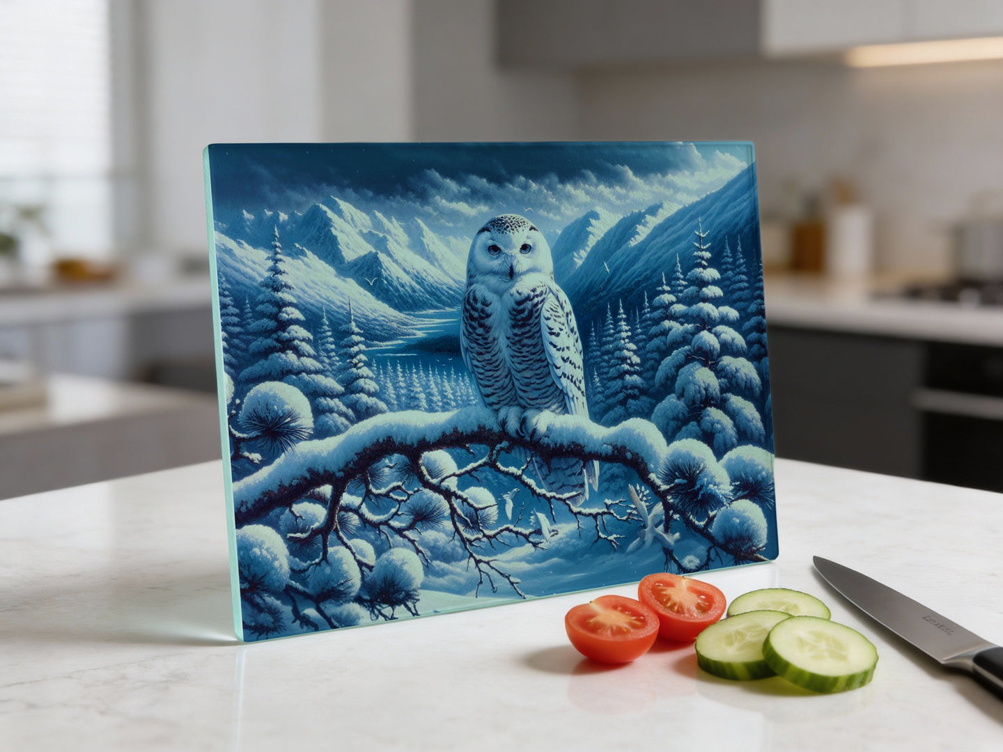 Snowy owl on a branch in a winter forest, with tomatoes and cucumber.