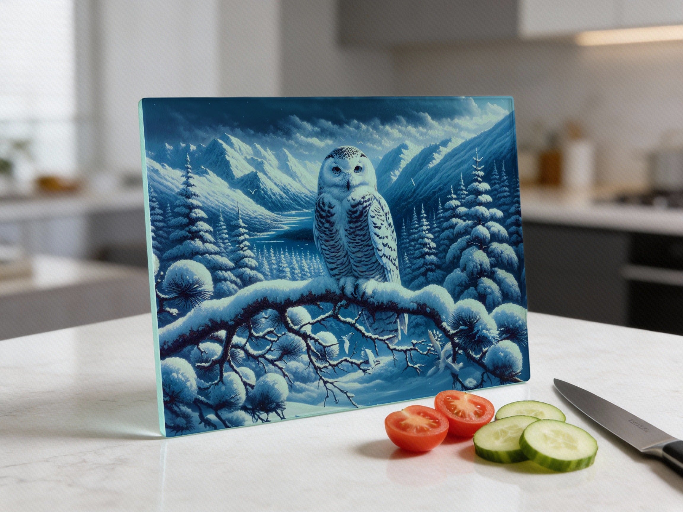 Snowy owl on a branch in a winter forest, with tomatoes and cucumber.