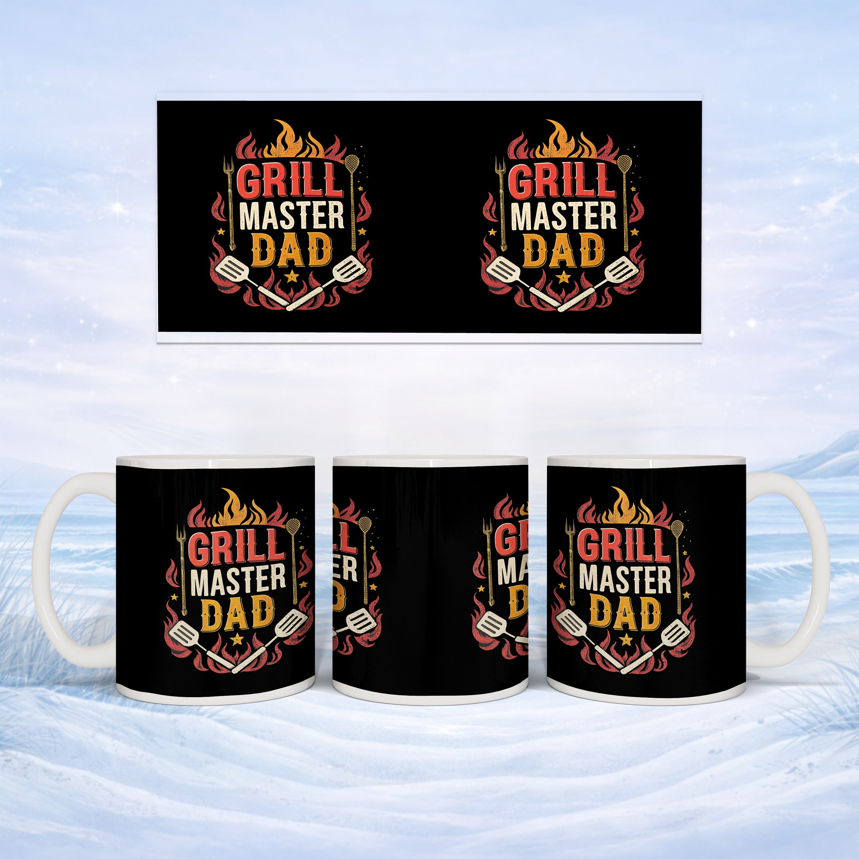 Black mug with "Grill Master Dad" text and flames graphic.