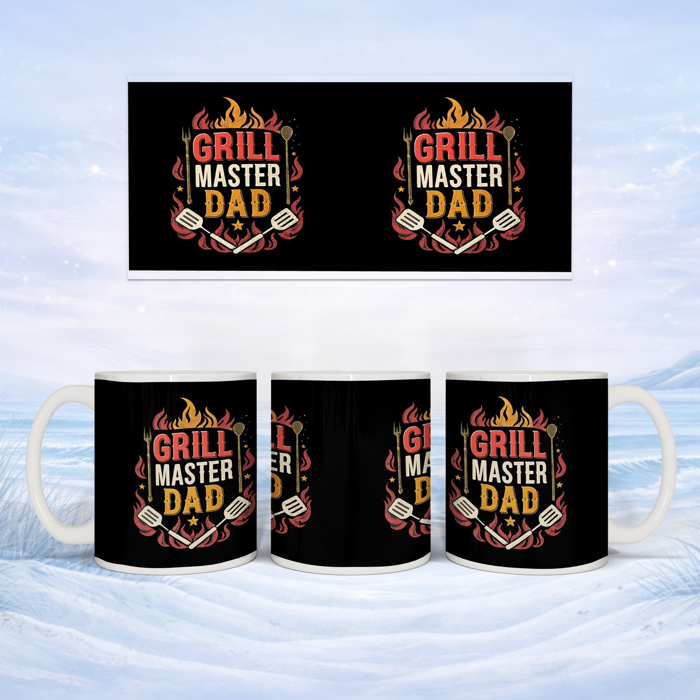 Black mug with "Grill Master Dad" text and flames graphic.