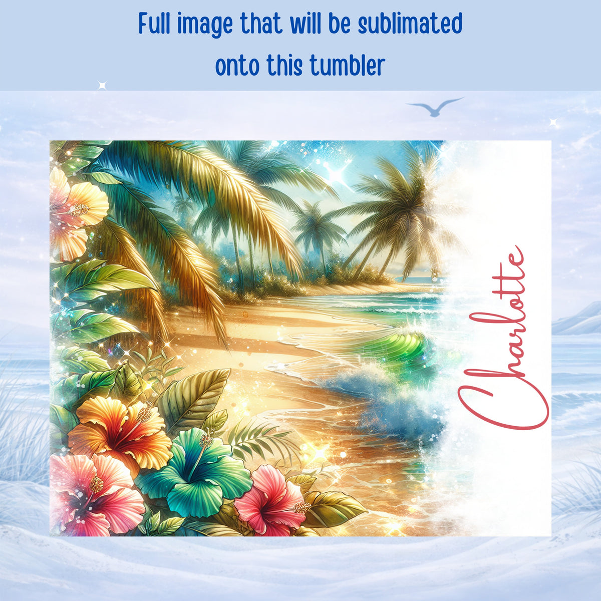 Beach scene with hibiscus flowers, palm trees, and waves.