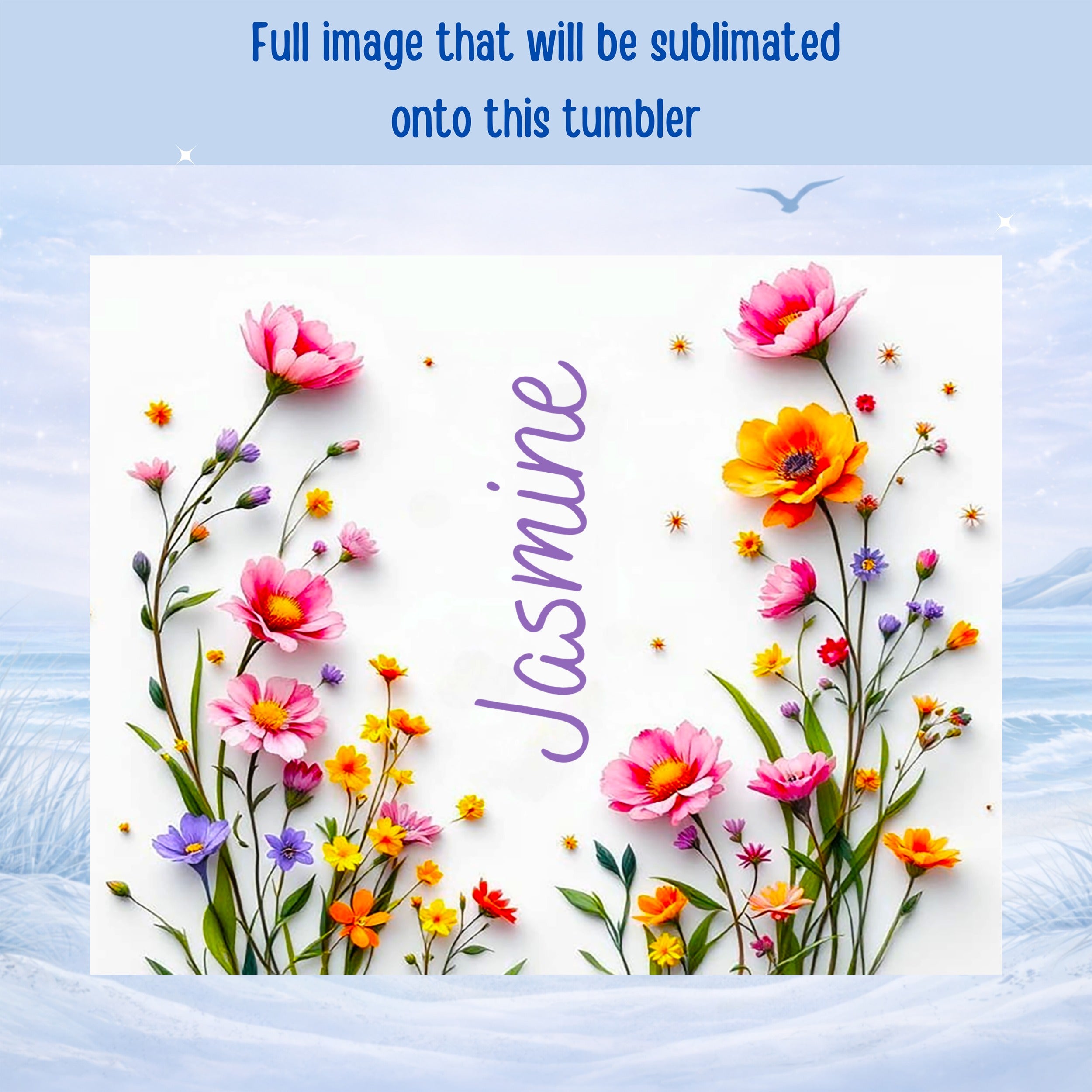 Floral design with the name "Jasmine" across a snowy mountain landscape.