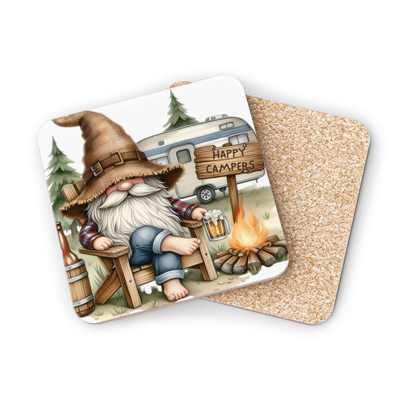 Gnome relaxing by campfire with "Happy Campers" sign and beer.