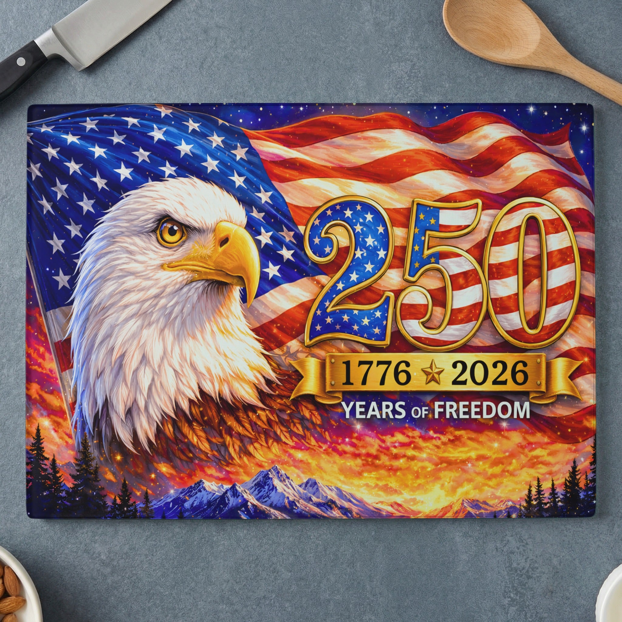 Eagle superimposed on American flag with "250 Years of Freedom" text.