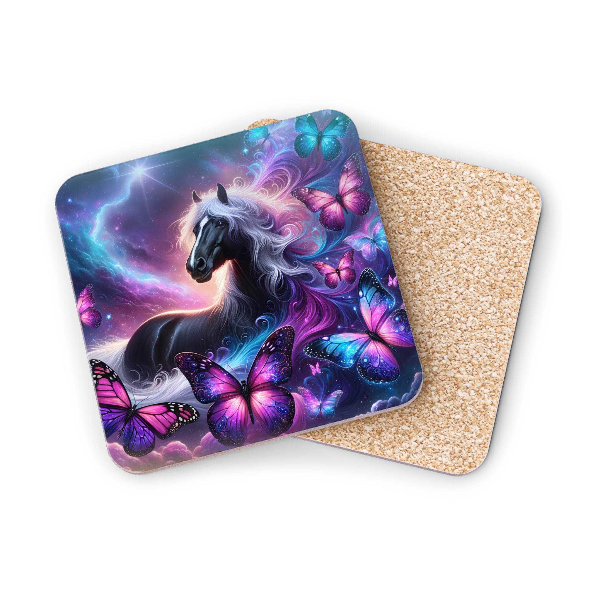 Black horse with flowing mane surrounded by colorful butterflies and nebula.