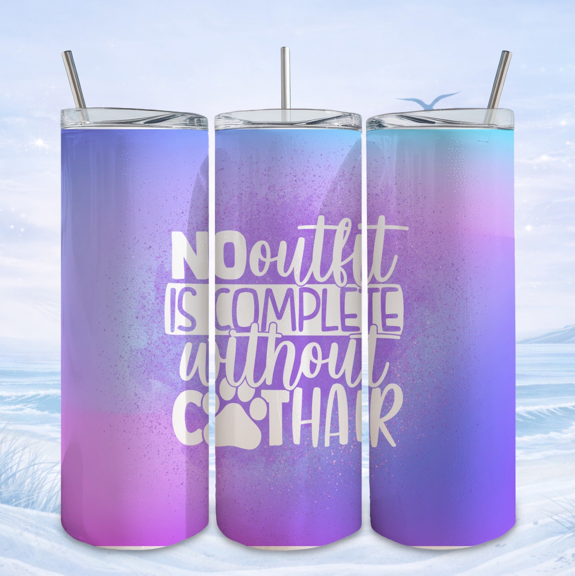 Three tumblers with "No outfit is complete without cat hair" text and a paw print.