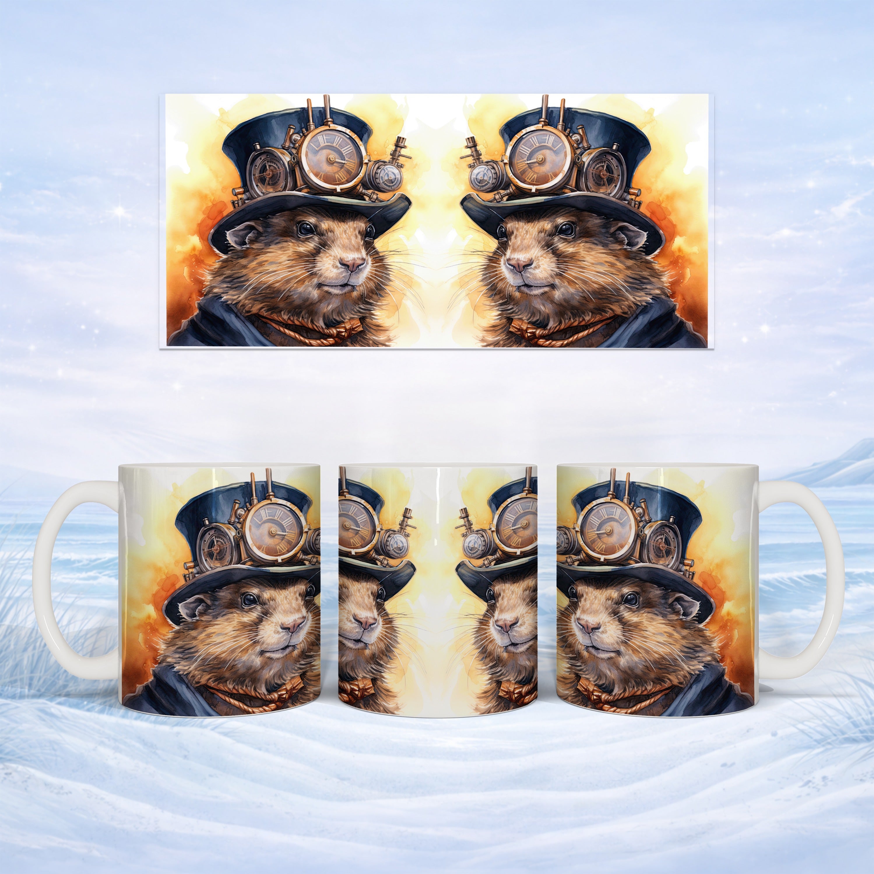 Steampunk groundhog wearing goggles and hat on mug wrap.
