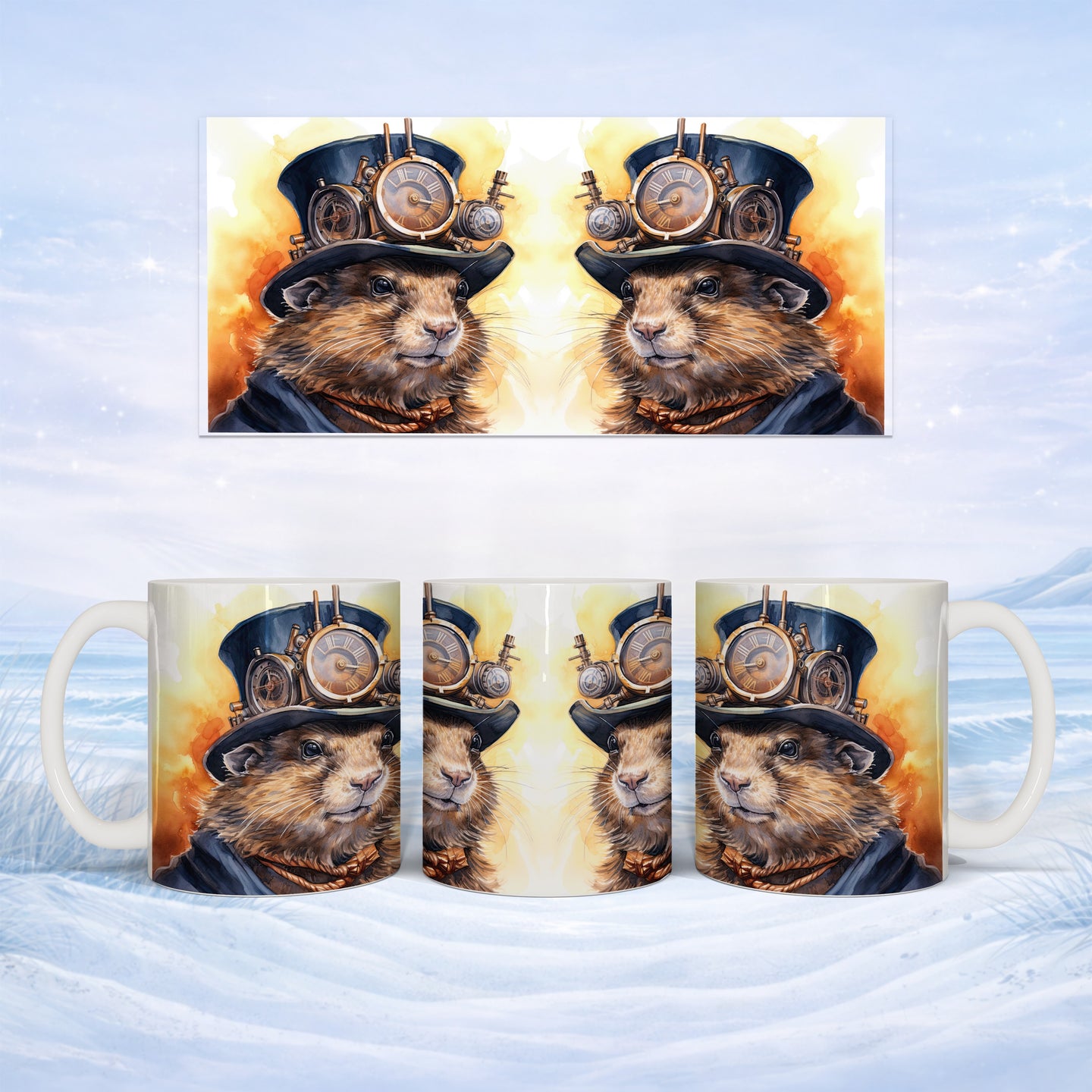Steampunk groundhog wearing goggles and hat on mug wrap.