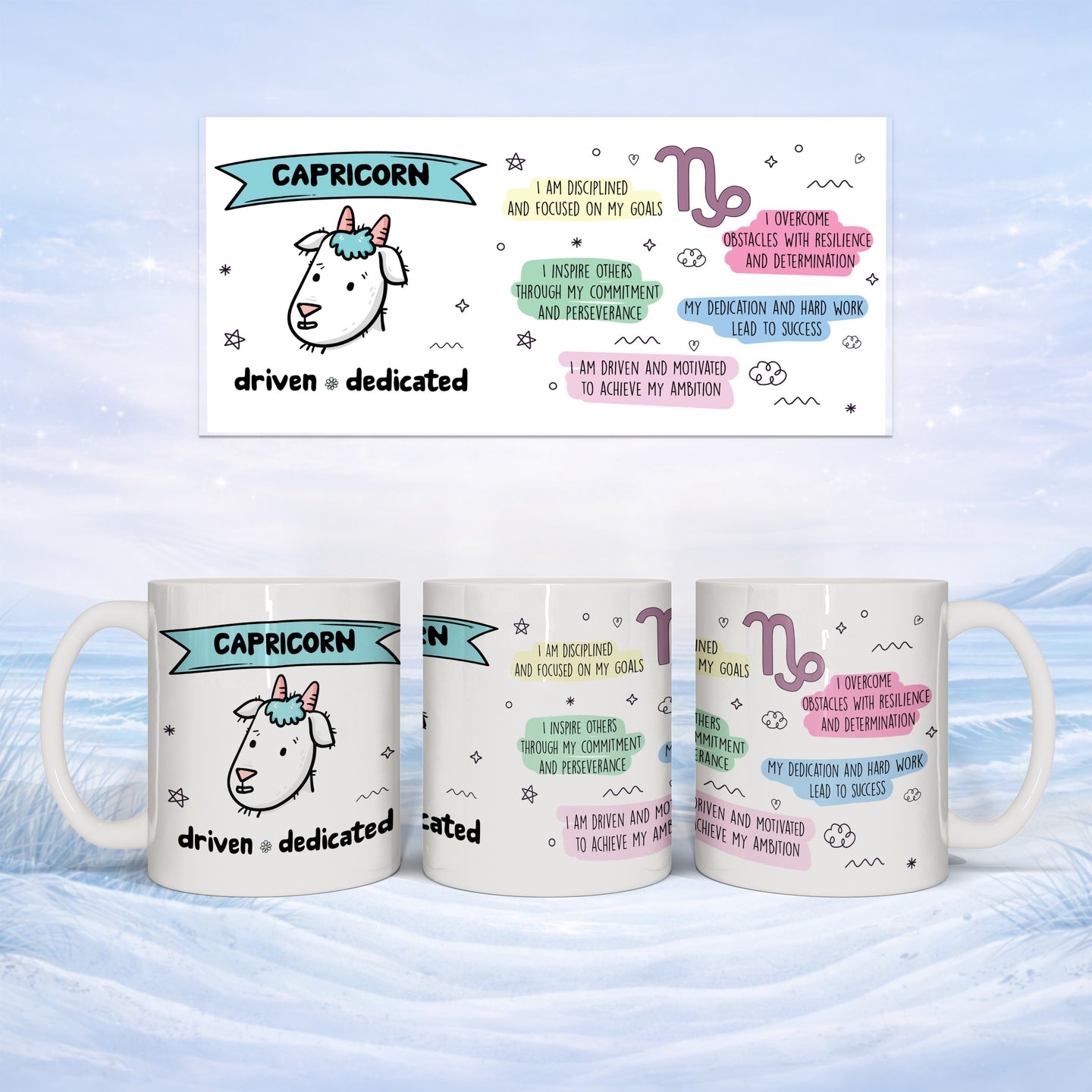 Capricorn zodiac sign with motivational phrases on white mugs.