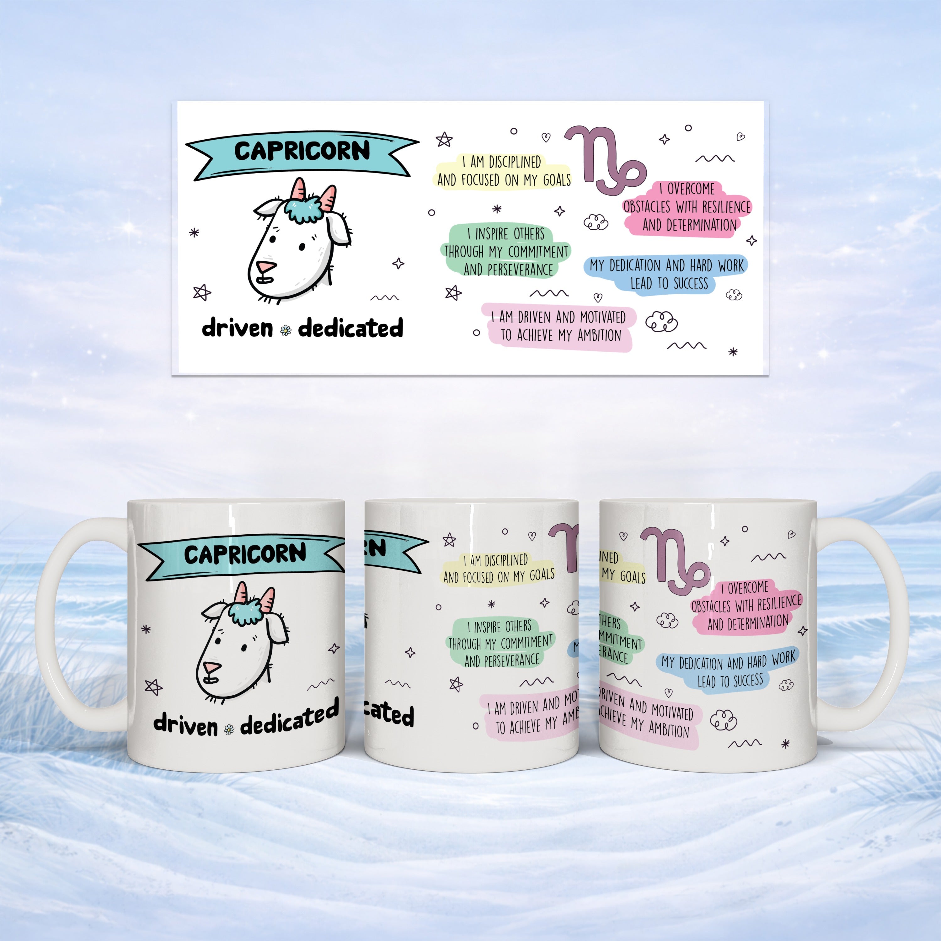 Capricorn zodiac sign with motivational phrases on white mugs.