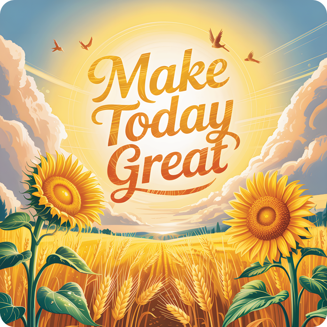 Sunflowers frame a golden wheat field under a bright sun with "Make Today Great" text.