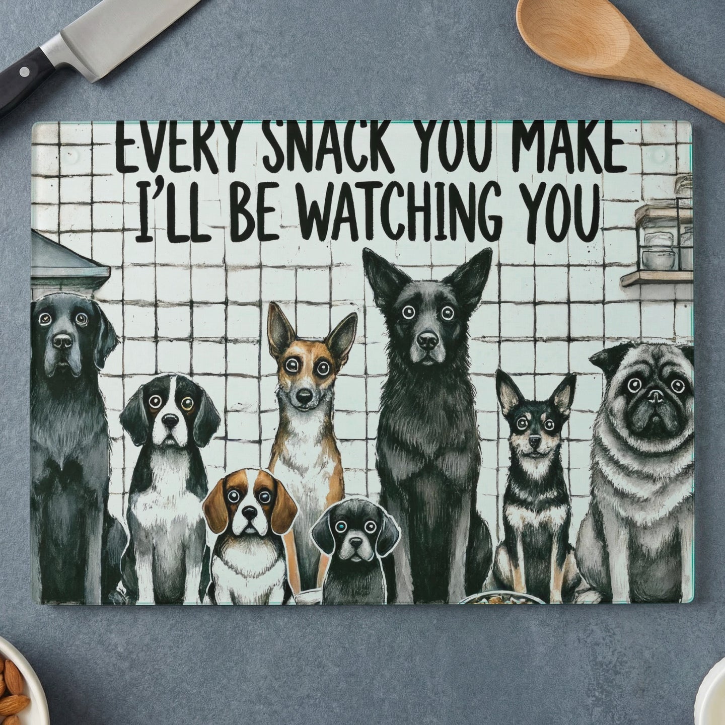 Several dogs of different breeds line up against a white brick background with text.