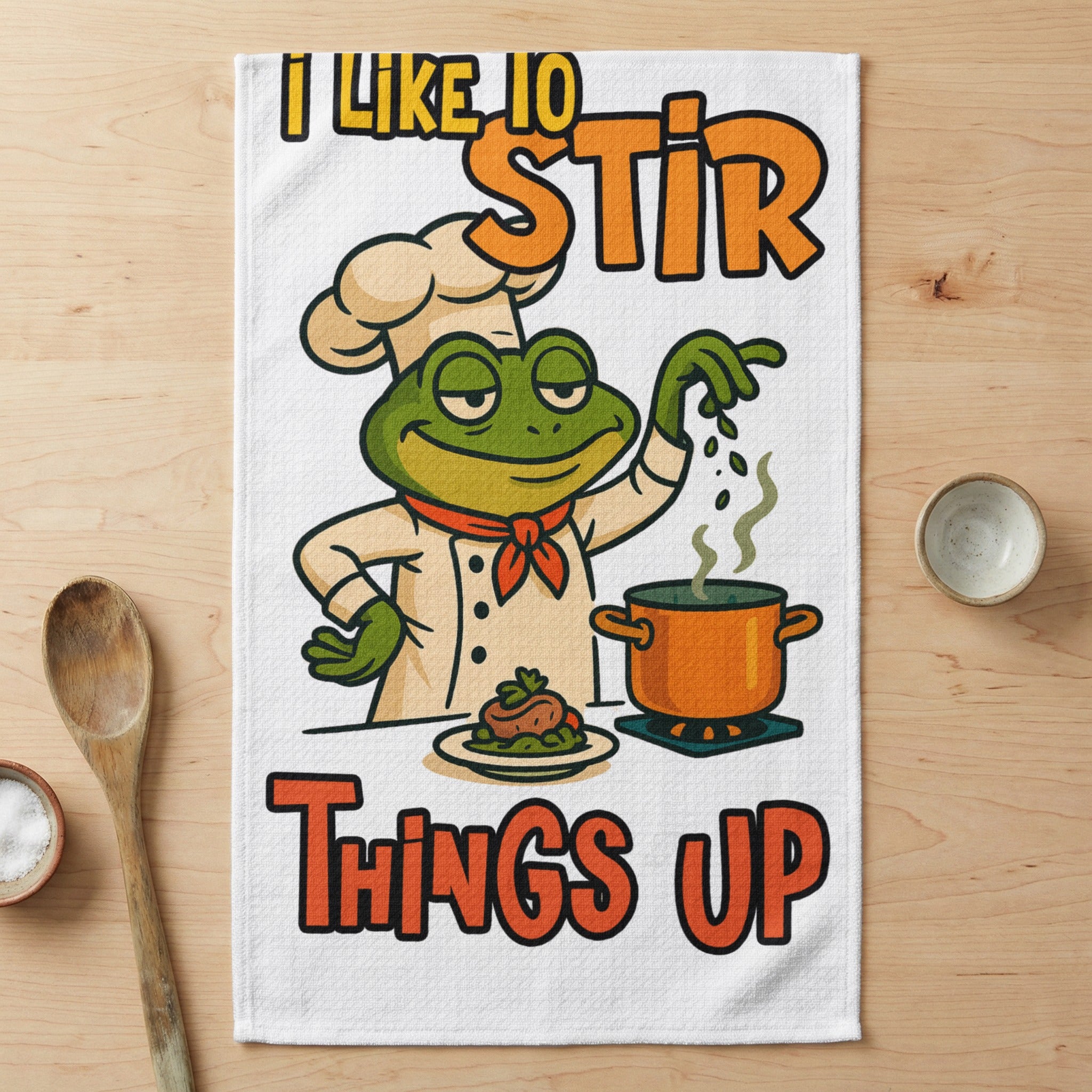 Frog chef cooking, "I like to stir things up" text.
