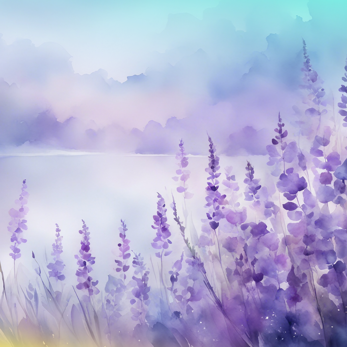Watercolor illustration of purple lavender stalks against a soft, gradient sky.