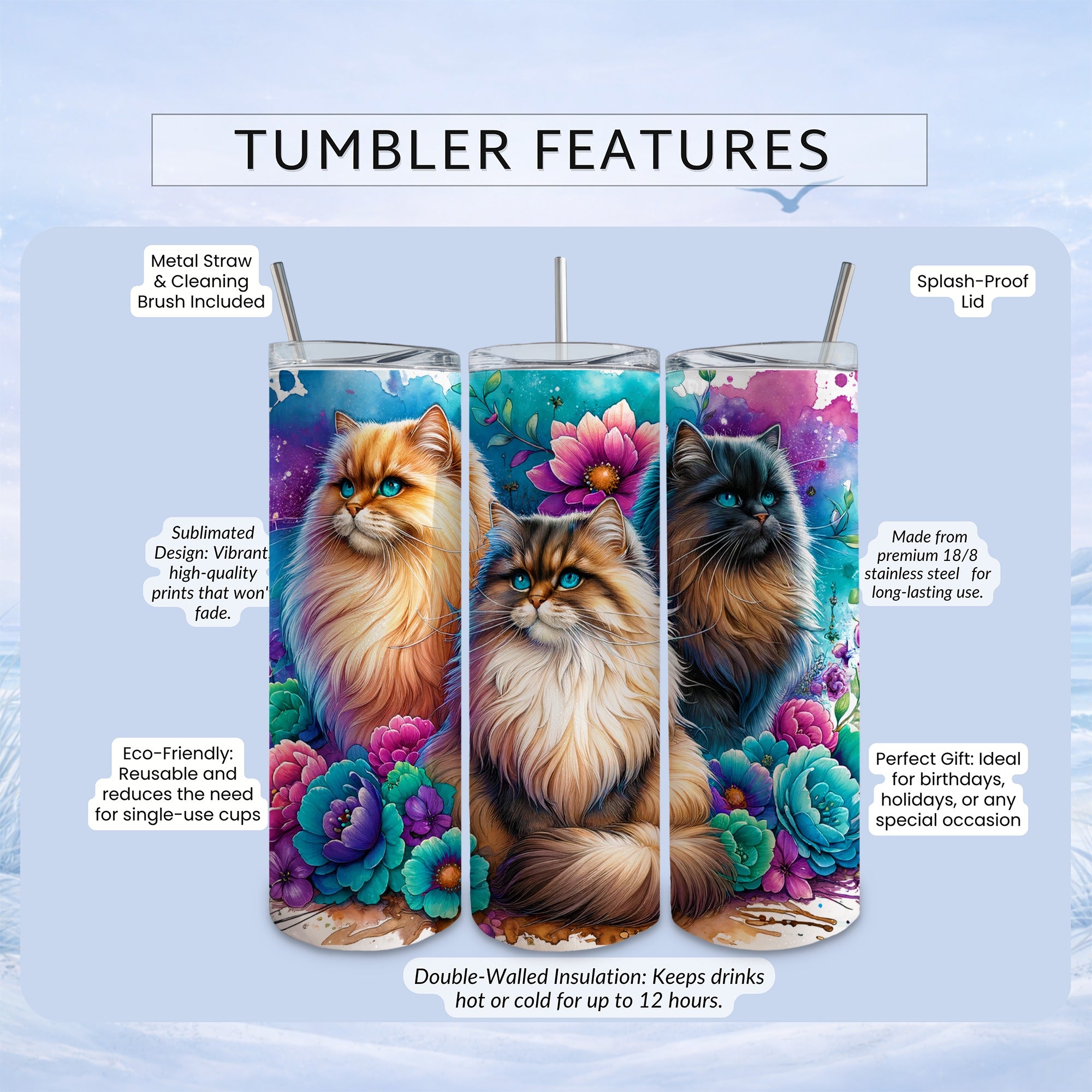 Tumbler with three fluffy cats and floral designs, featuring eco-friendly and insulation features.