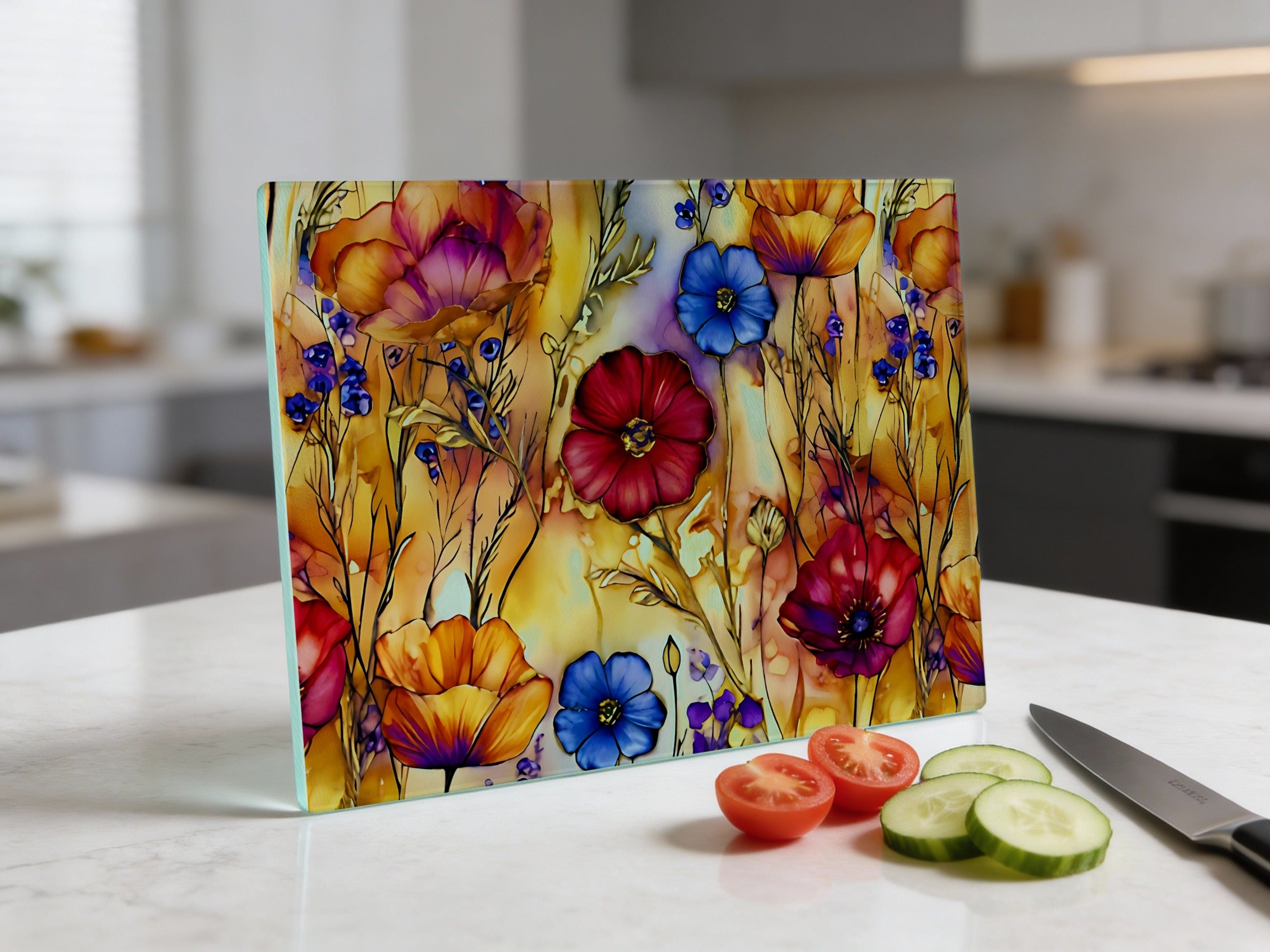 Glass cutting board with colorful floral design on marble countertop.