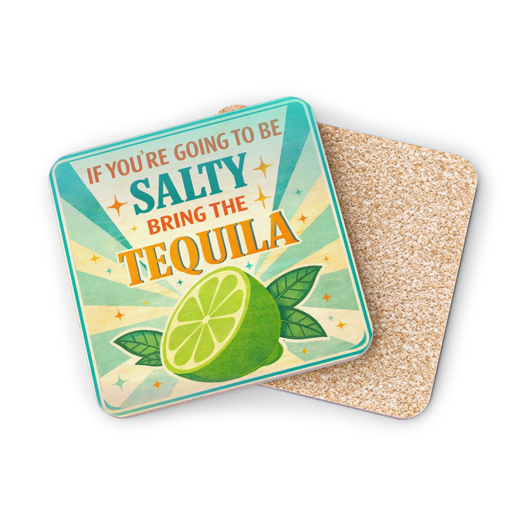 Salty tequila coaster with lime slice graphic and retro sunburst background.