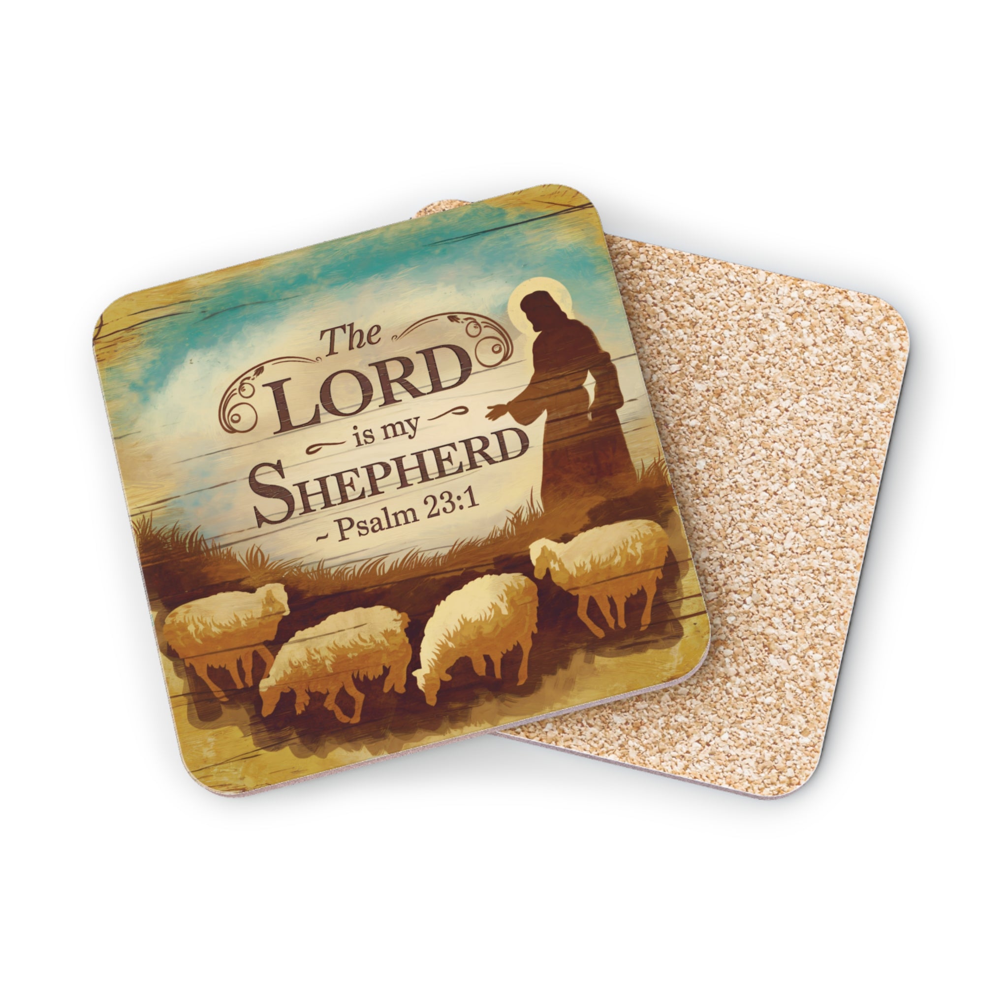 Lord is my shepherd Psalm 23:1 text on wooden background with sheep.