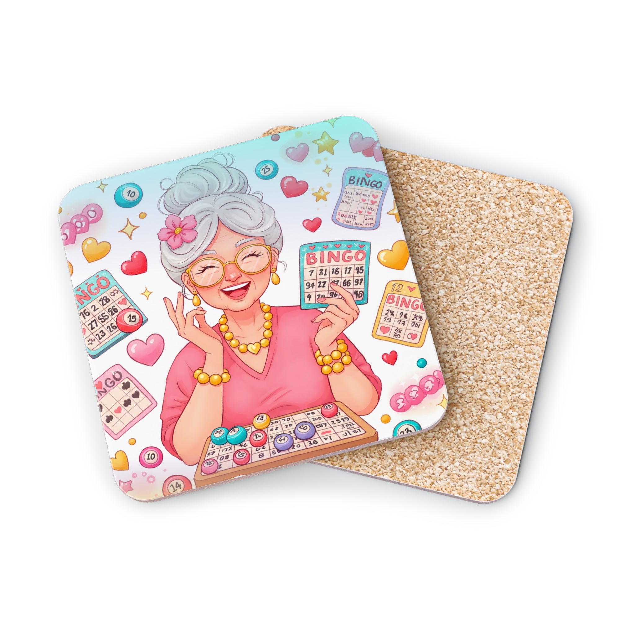 Bingo-themed coasters with a smiling older woman and playing cards.