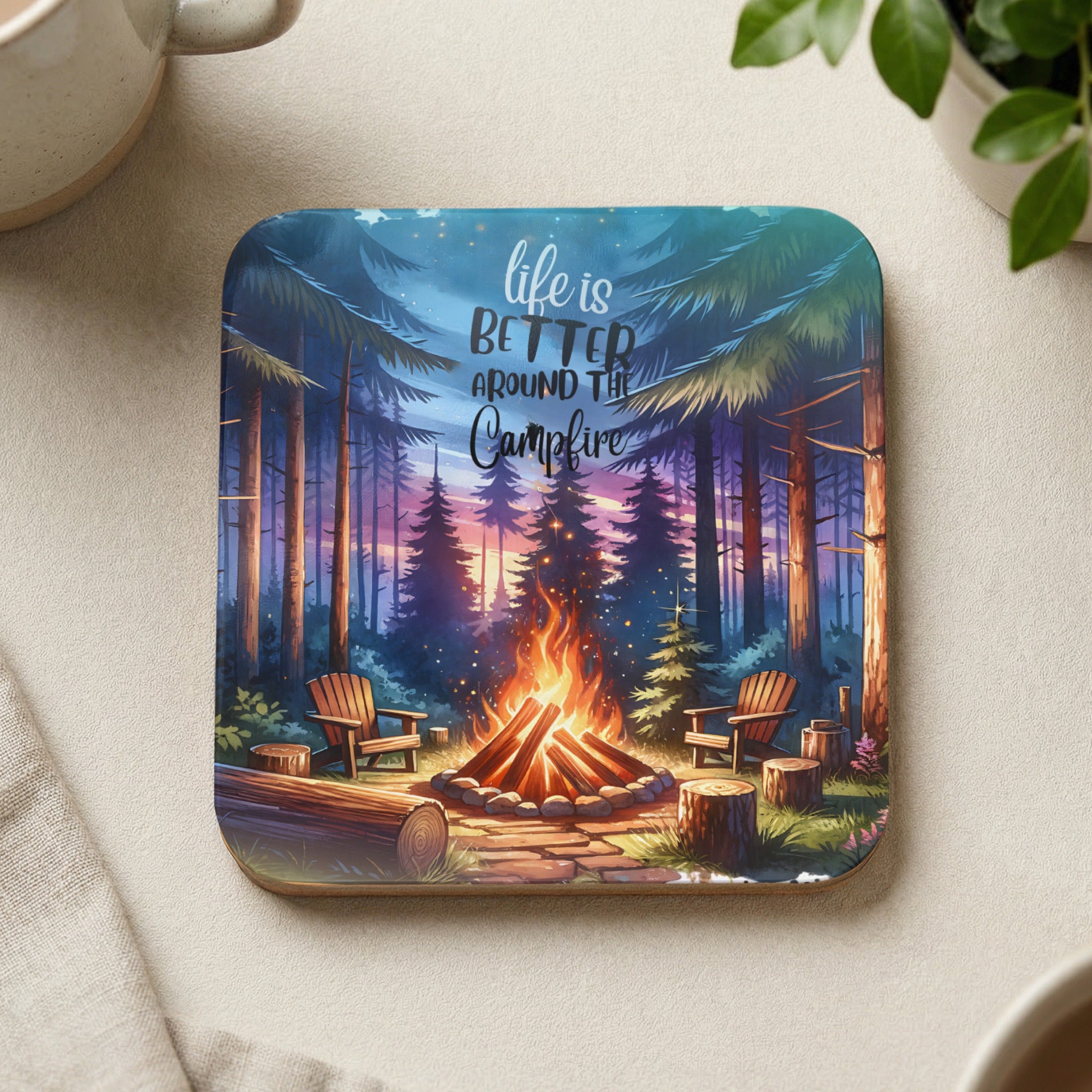 Coaster with campfire, chairs, and forest scene. Text: "life is BETTER AROUND THE CAMPFIRE".