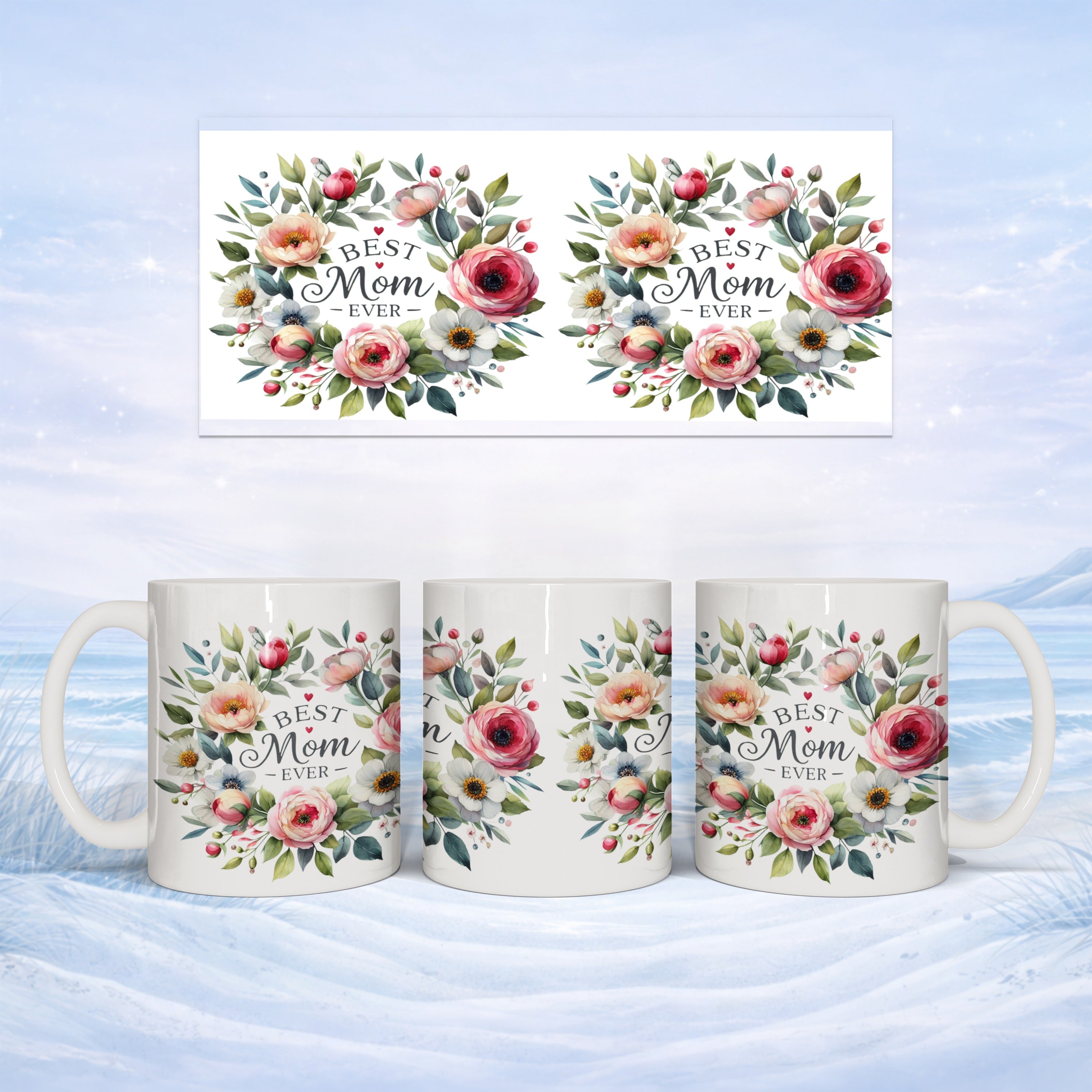 Mug with floral design and text "Best Mom Ever".