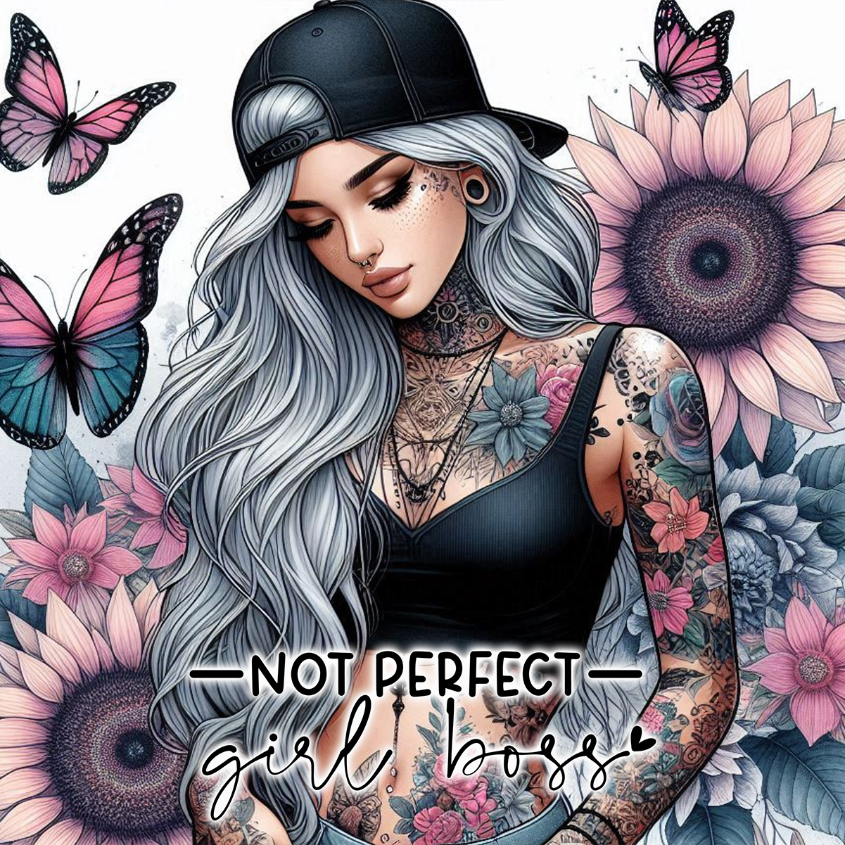 Woman with tattoos and long gray hair, wearing a black baseball cap, with sunflowers and butterflies.