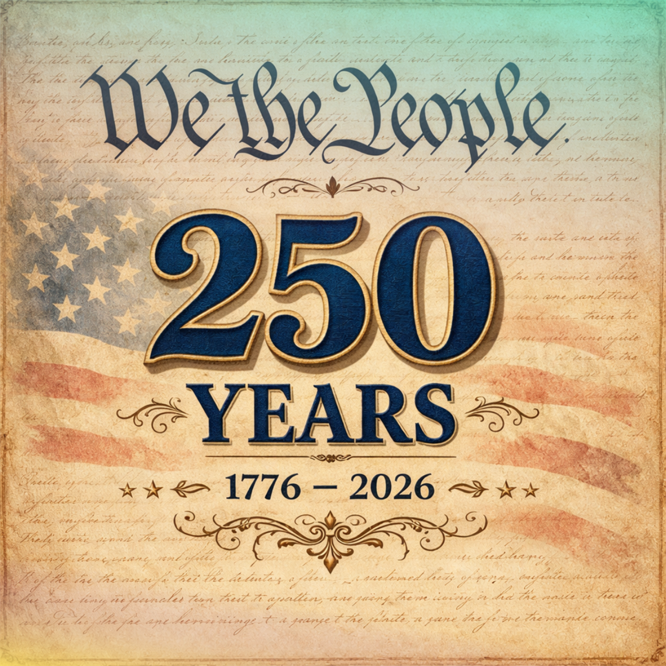 "We the People 250 Years 1776-2026" text on a flag background.
