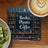 Books, Plants & Coffee sign on a bookshelf with coffee and kiwi.