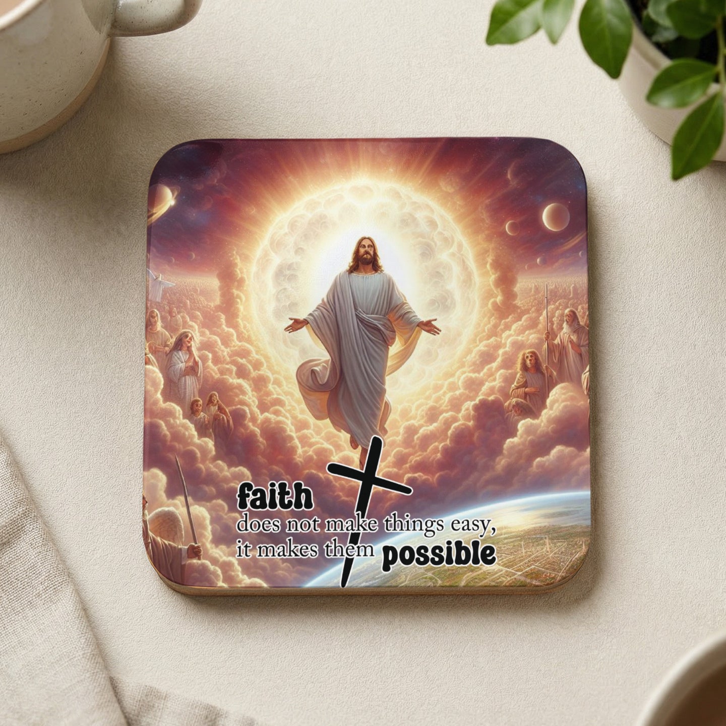 Jesus Christ with outstretched arms, surrounded by clouds and heavenly beings, with text.