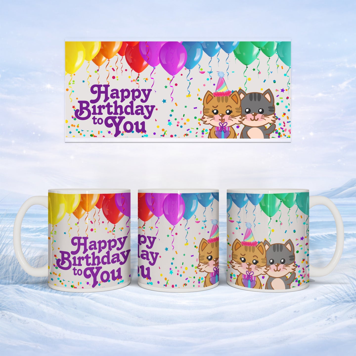 Birthday mug with cats and balloons, text "Happy Birthday to You".