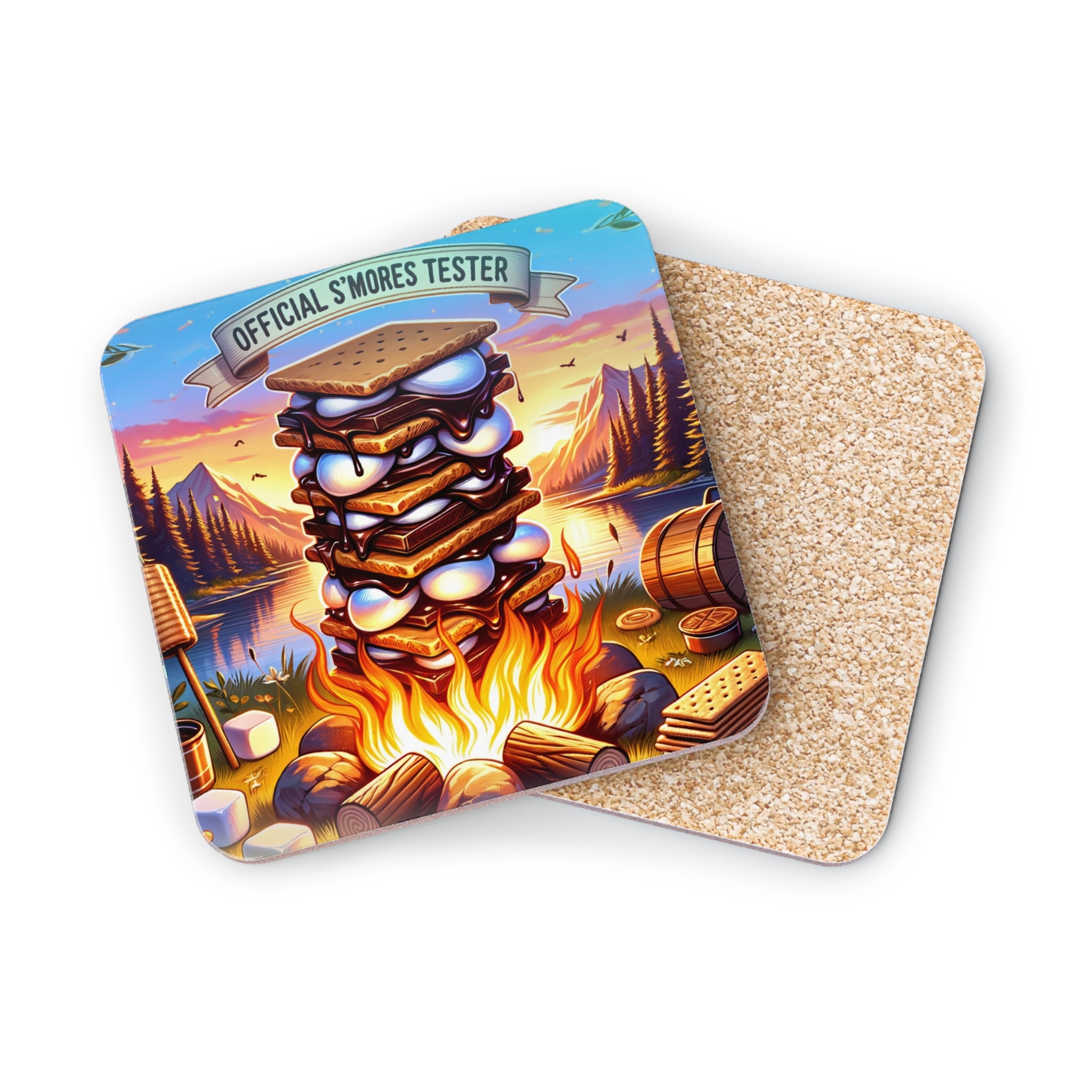 S'mores stacked high over campfire with "Official S'mores Tester" text.