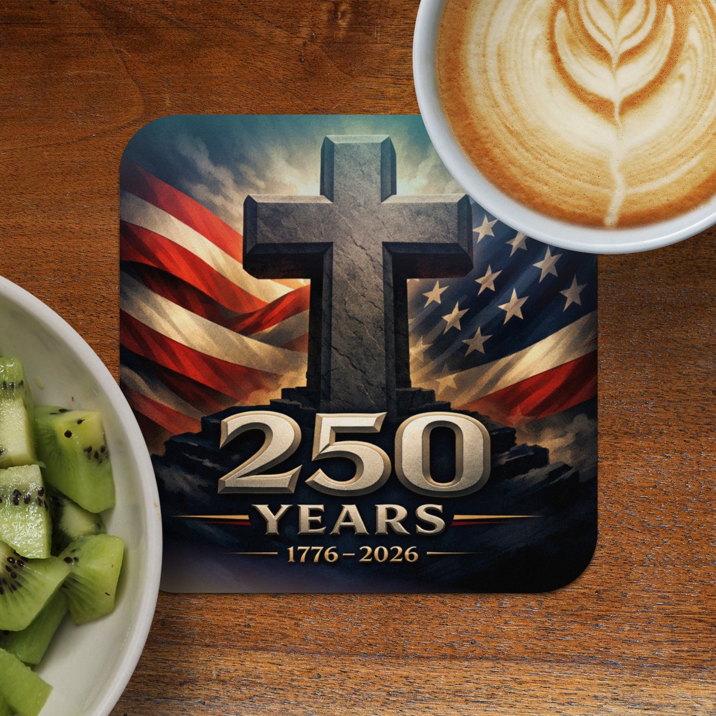 Cross with American flag and "250 YEARS 1776-2026" text.