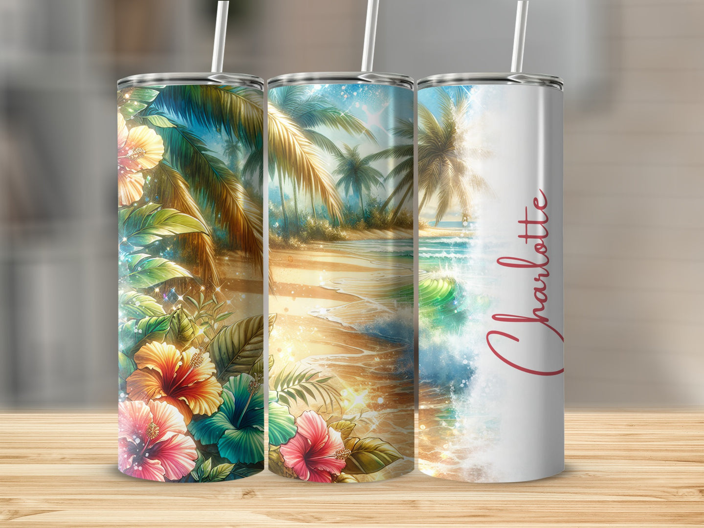 Tropical beach scene on three tumblers, one with "Charlotte" text.