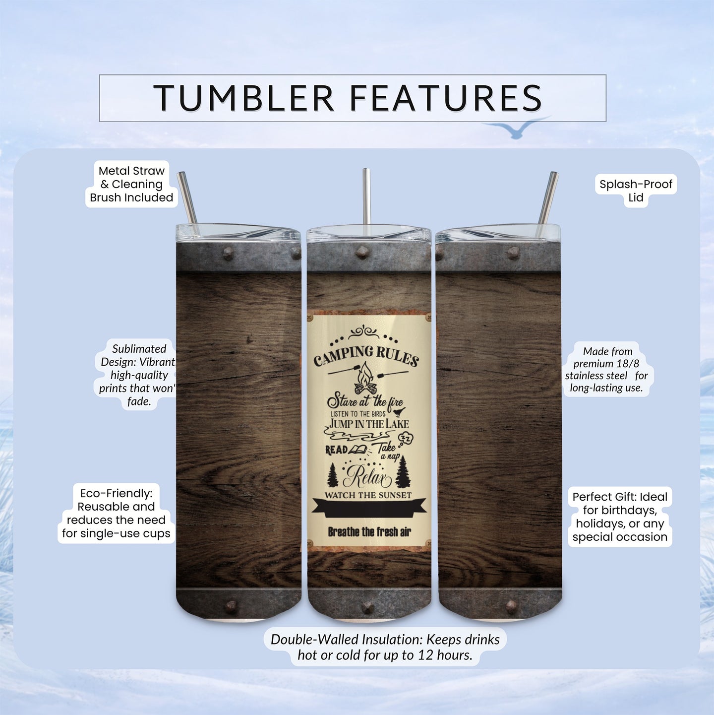 Tumbler with "Camping Rules" design, metal straw, and brush.