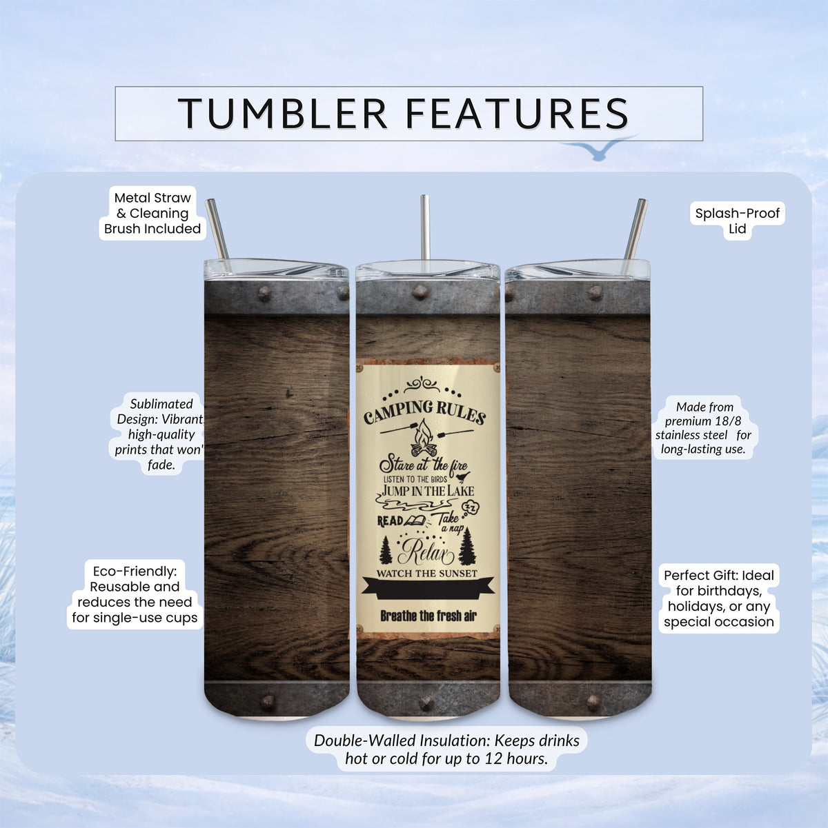 Tumbler with "Camping Rules" design, metal straw, and brush.
