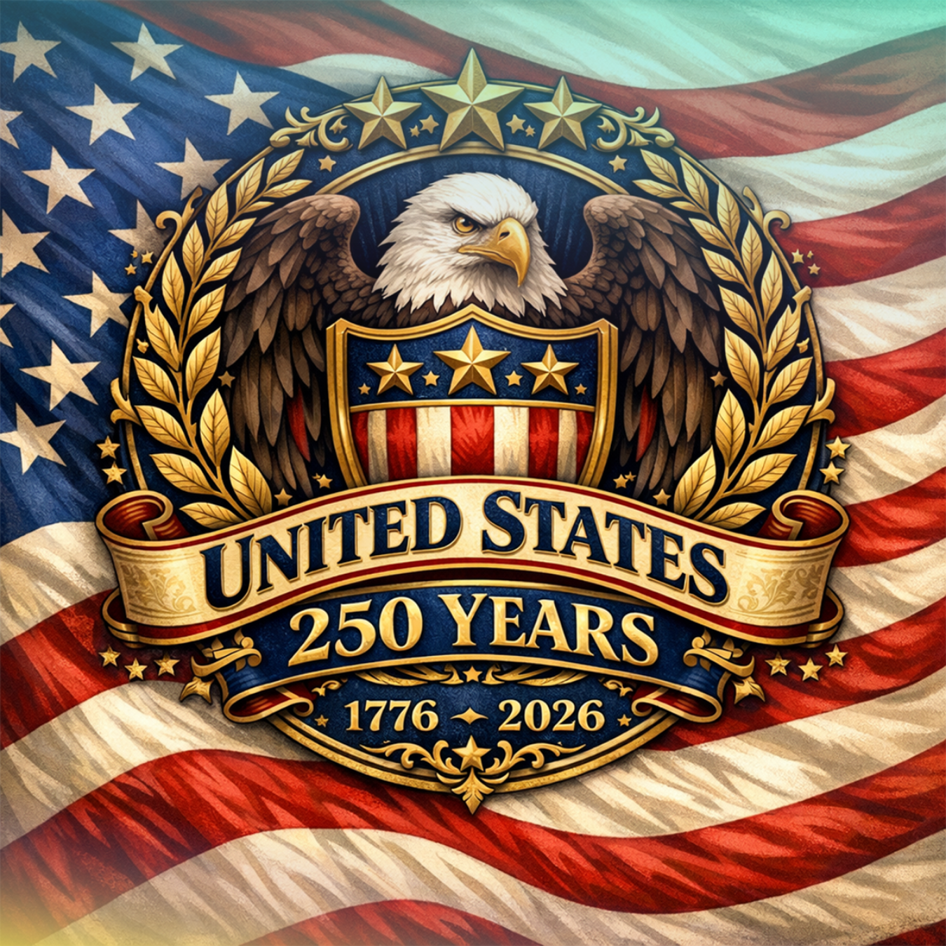 United States 250 Years 1776-2026 emblem on American flag.