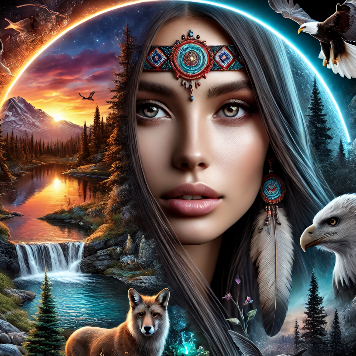 Woman with headdress, wolf, eagle, waterfall, mountains, and sunset scene.