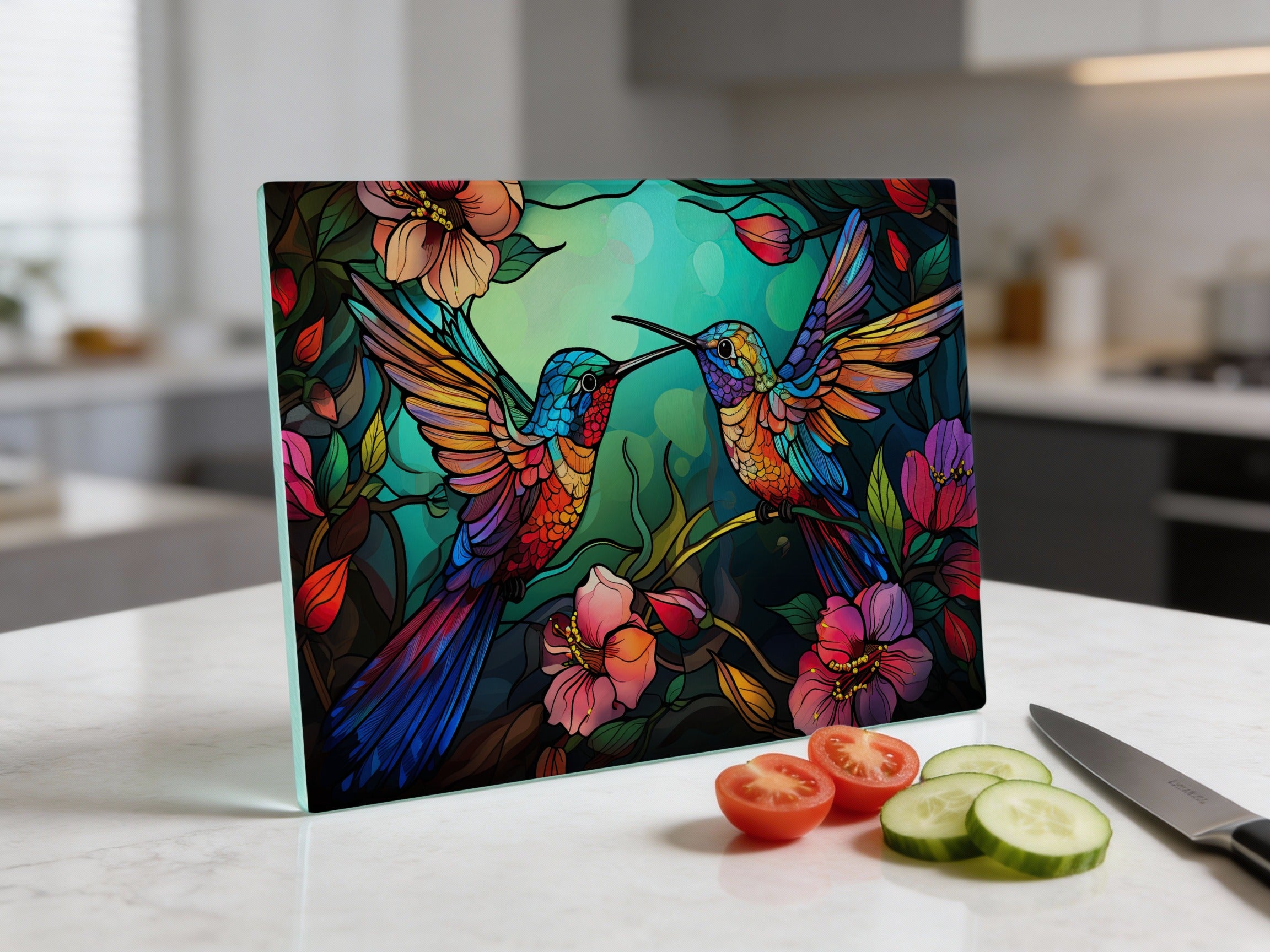Two hummingbirds amidst colorful flowers and leaves.