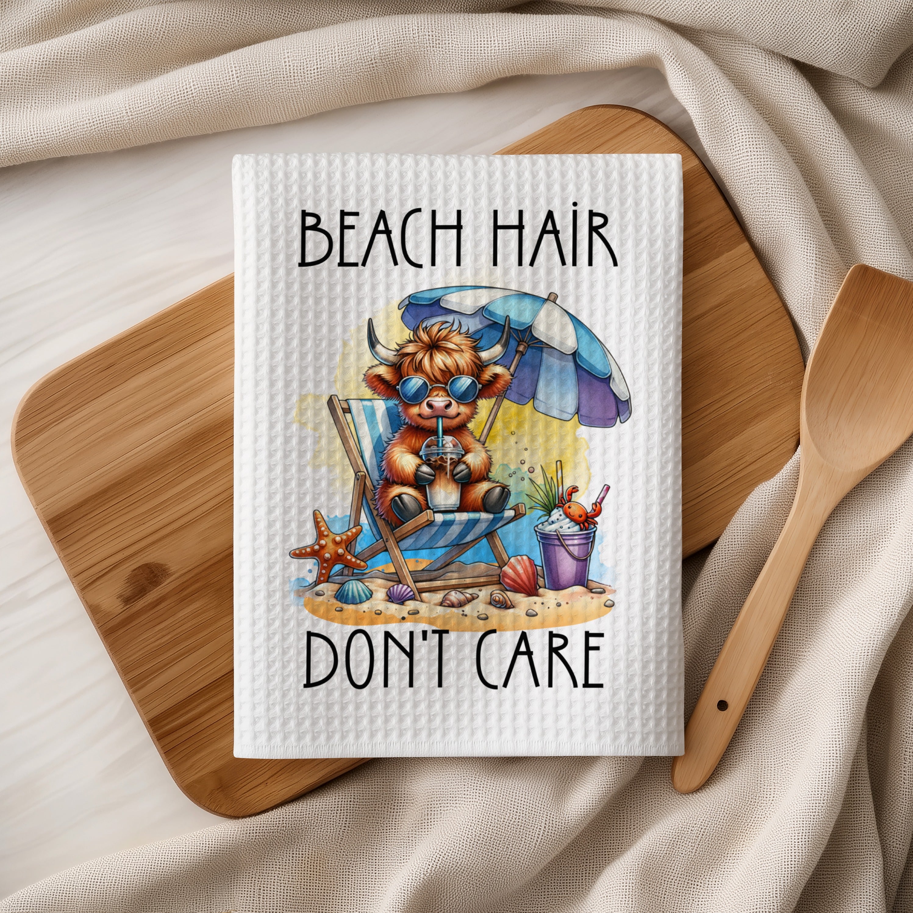 Highland cow with sunglasses and umbrella on beach, text "Beach Hair Don't Care".