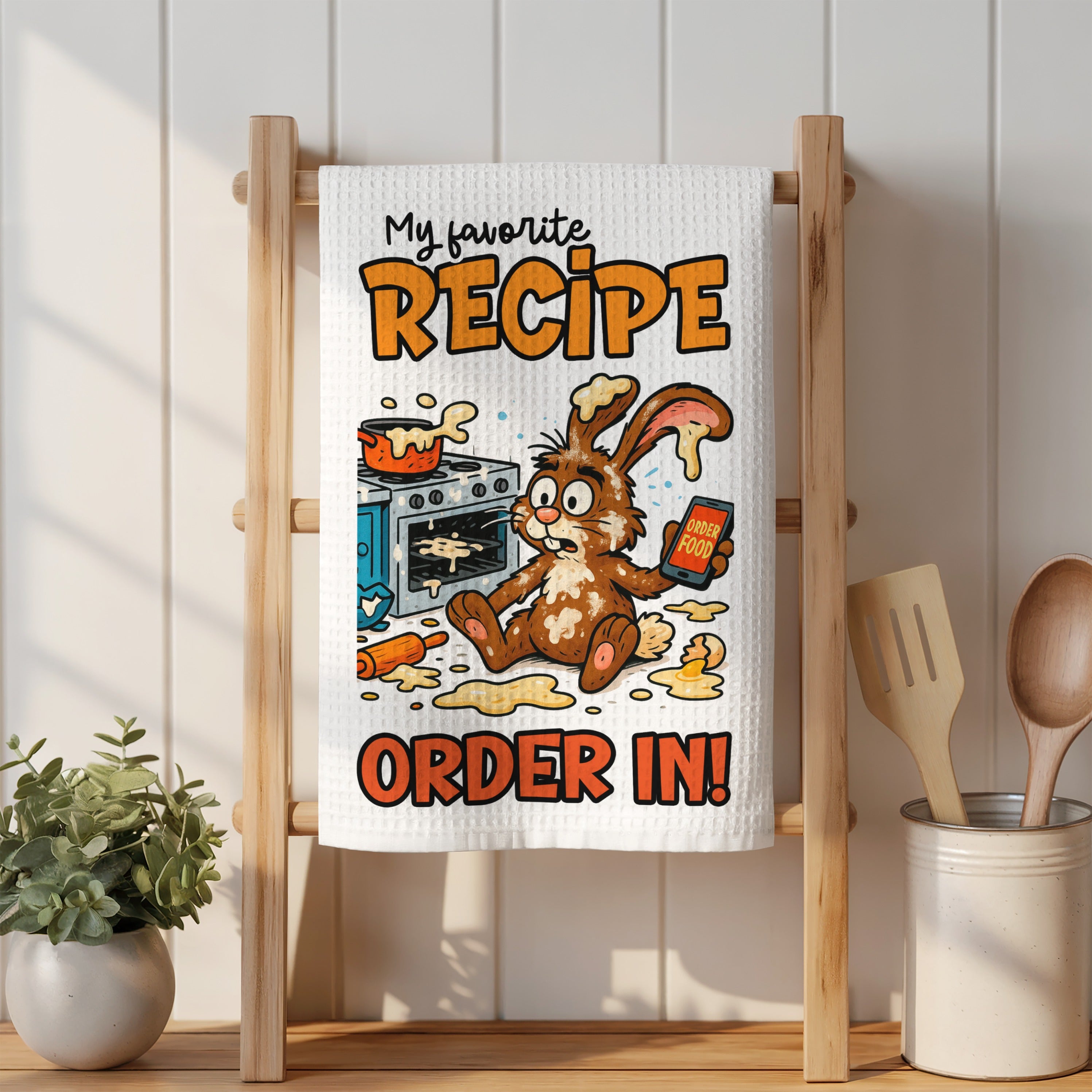 Cartoon rabbit holding phone with "order food" on screen, oven in background.