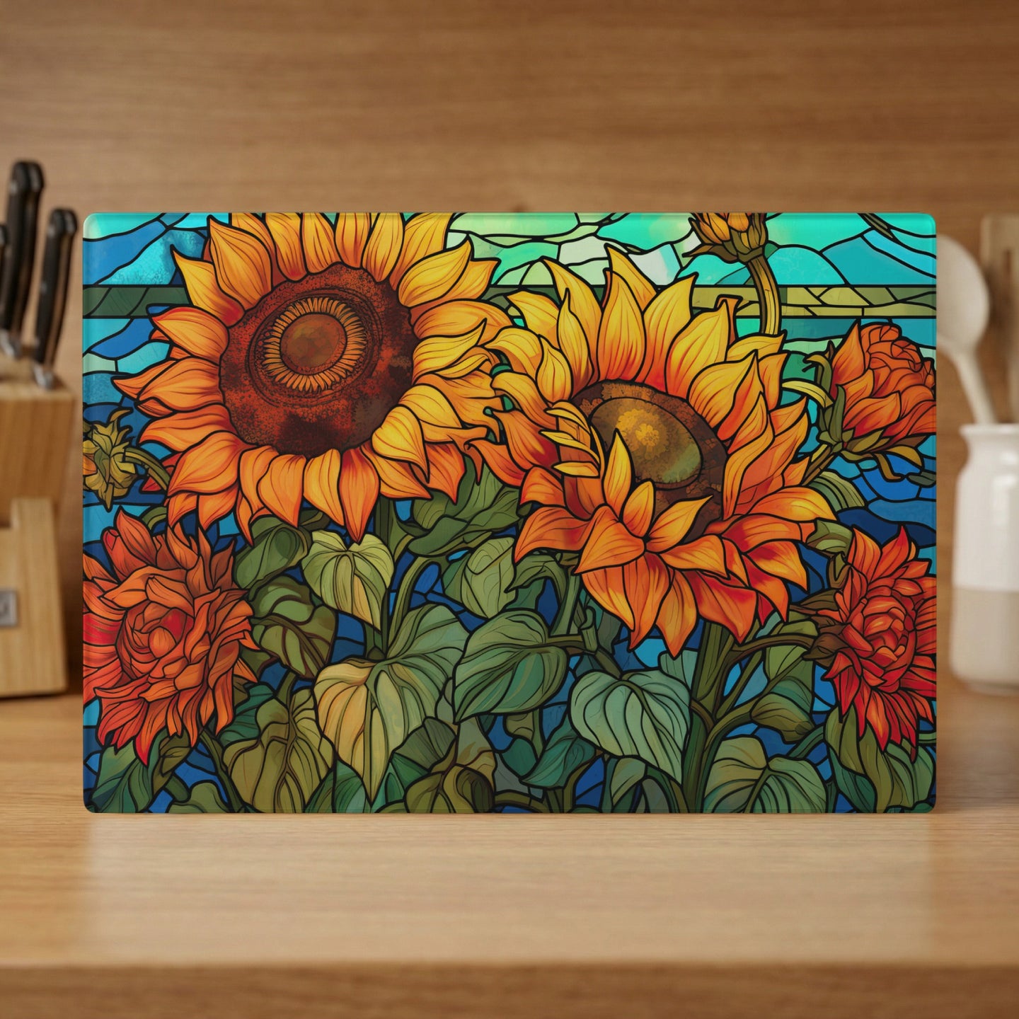 Stained glass art featuring sunflowers and other flowers against a blue sky.