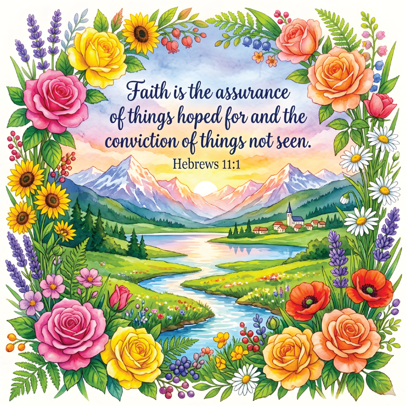Floral border frames serene landscape with mountains, river, and quote "Faith is the assurance".