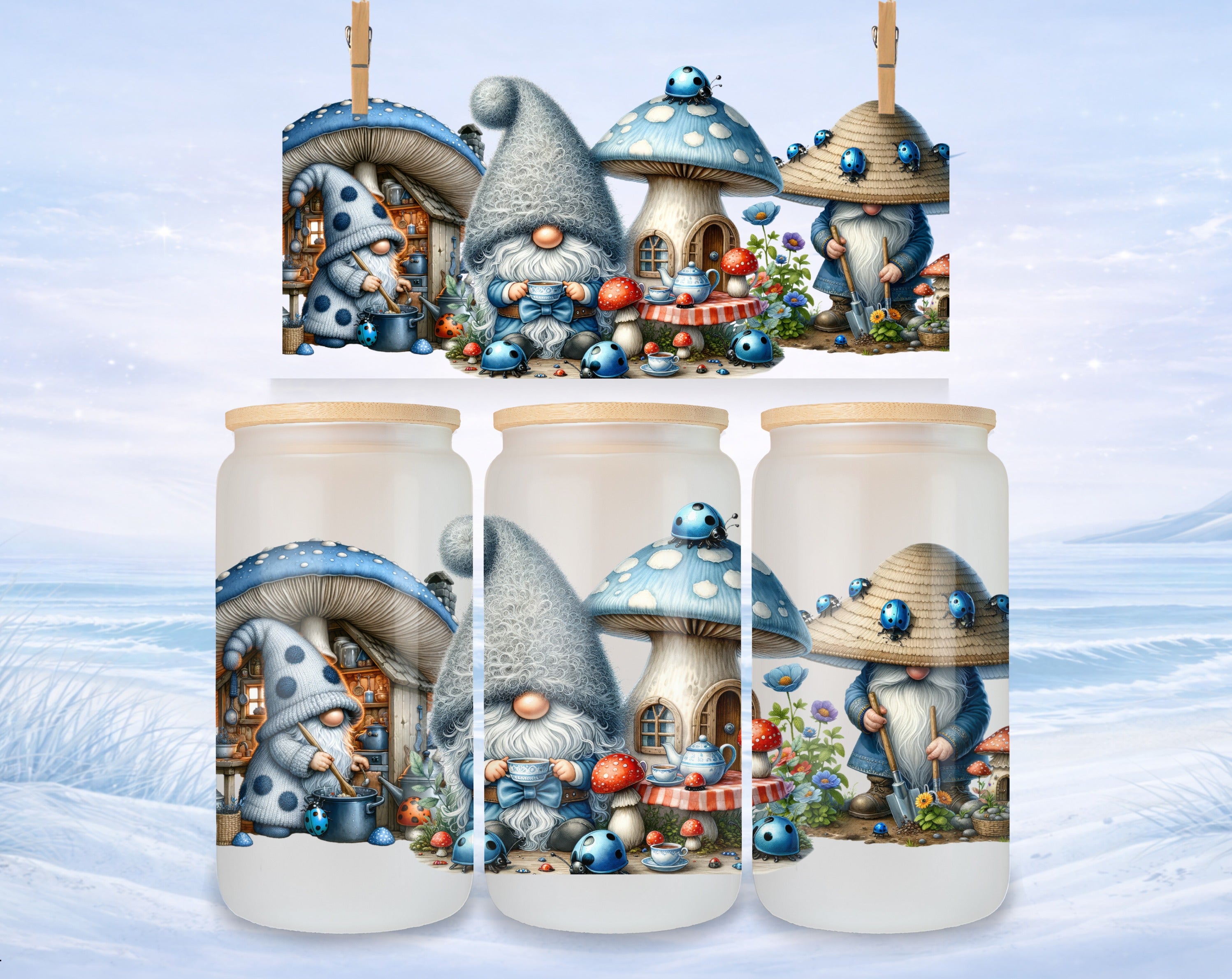 Gnome with mushroom house, blue ladybugs, teacups, and flowers.