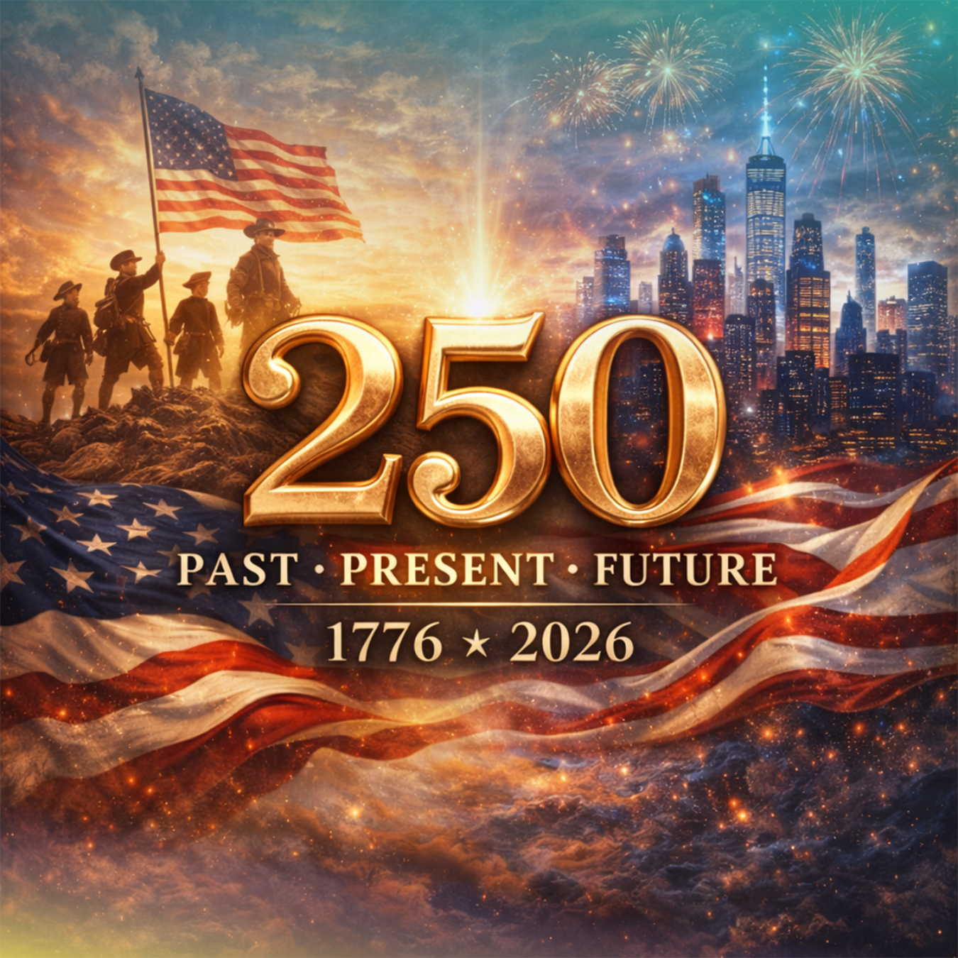 Patriotic scene with flag, fireworks, and skyscrapers; "250 Past Present Future 1776 2026".