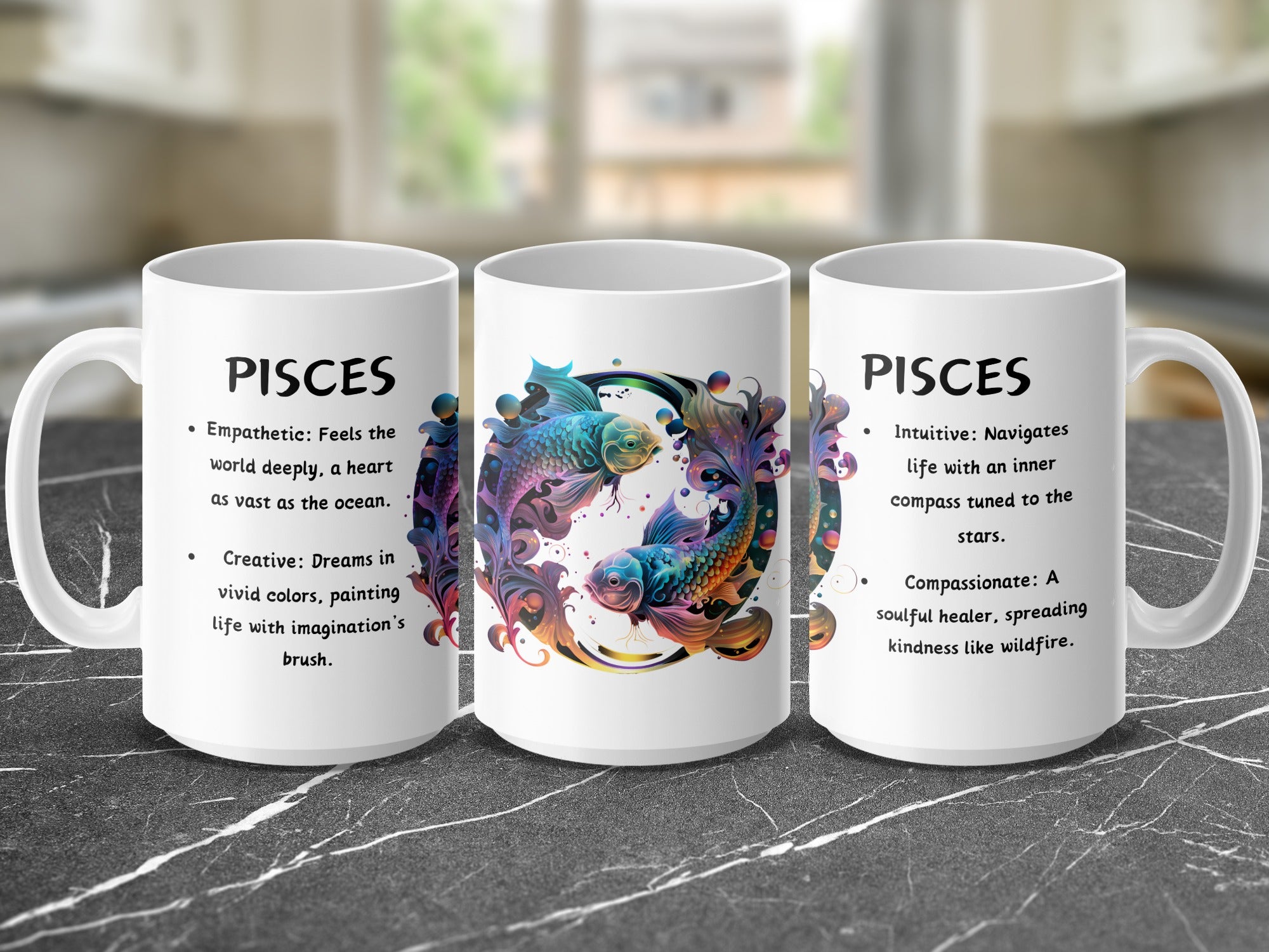 Pisces mug featuring two colorful fish and astrological descriptions.