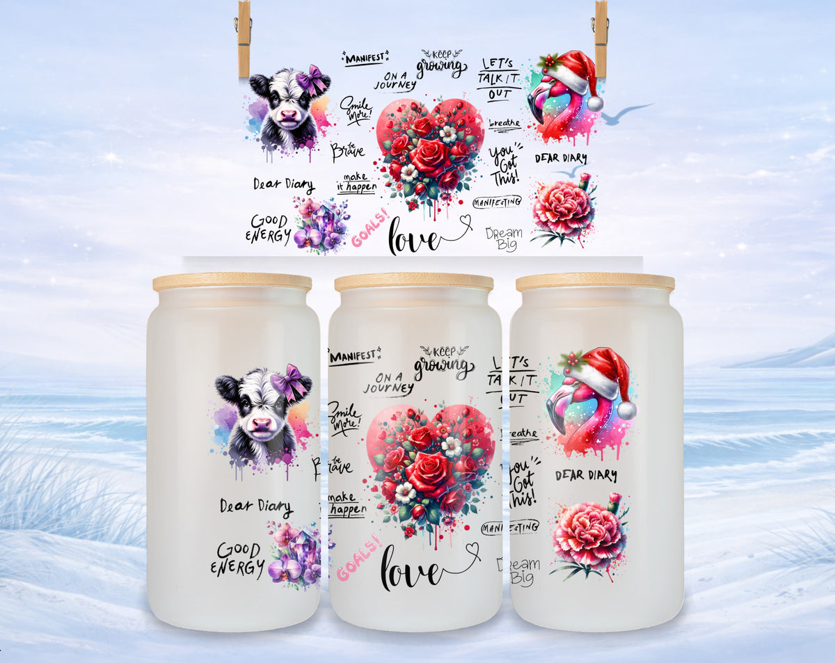 Three glass tumblers with watercolor cow and floral designs and motivational text.