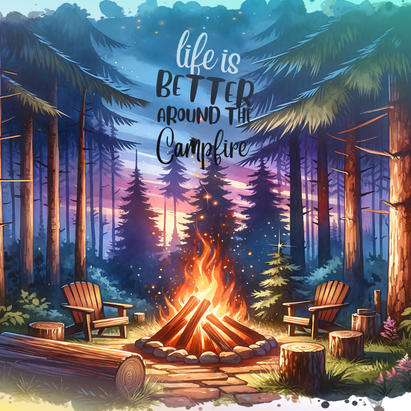 Campfire scene with chairs and text "life is better around the campfire".