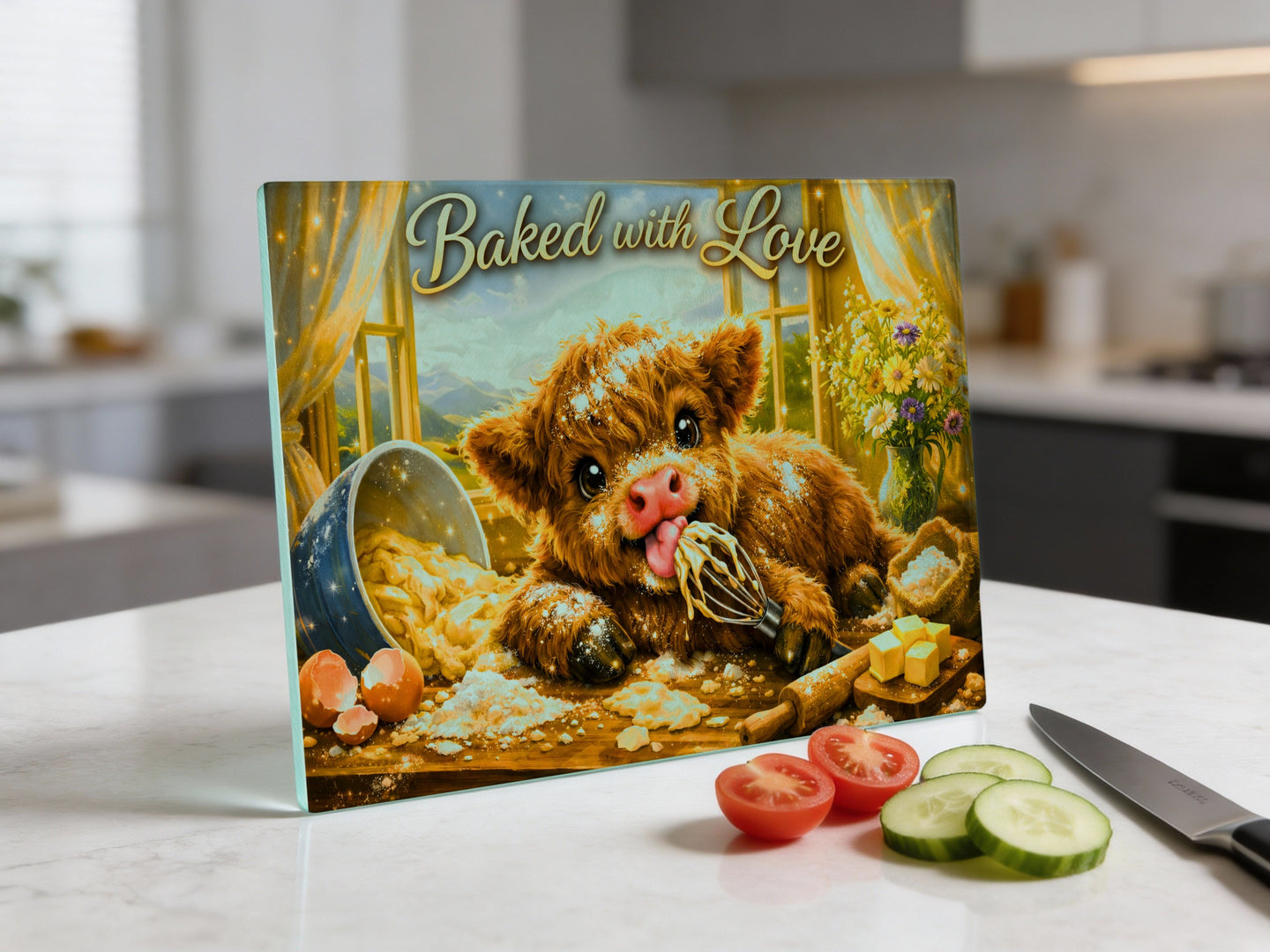 Cute cow covered in flour bakes in kitchen, "Baked With Love" text.
